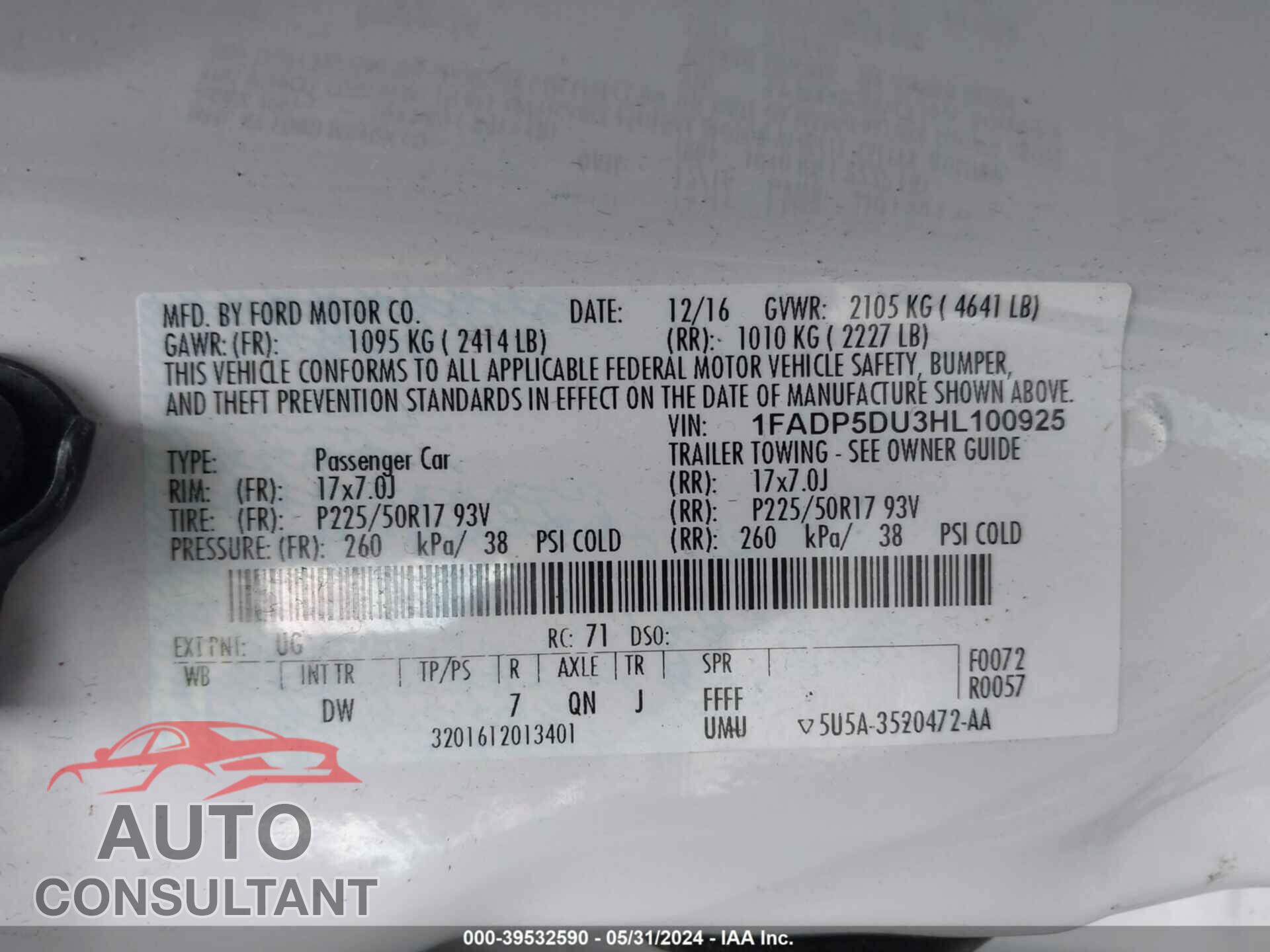 FORD C-MAX HYBRID 2017 - 1FADP5DU3HL100925