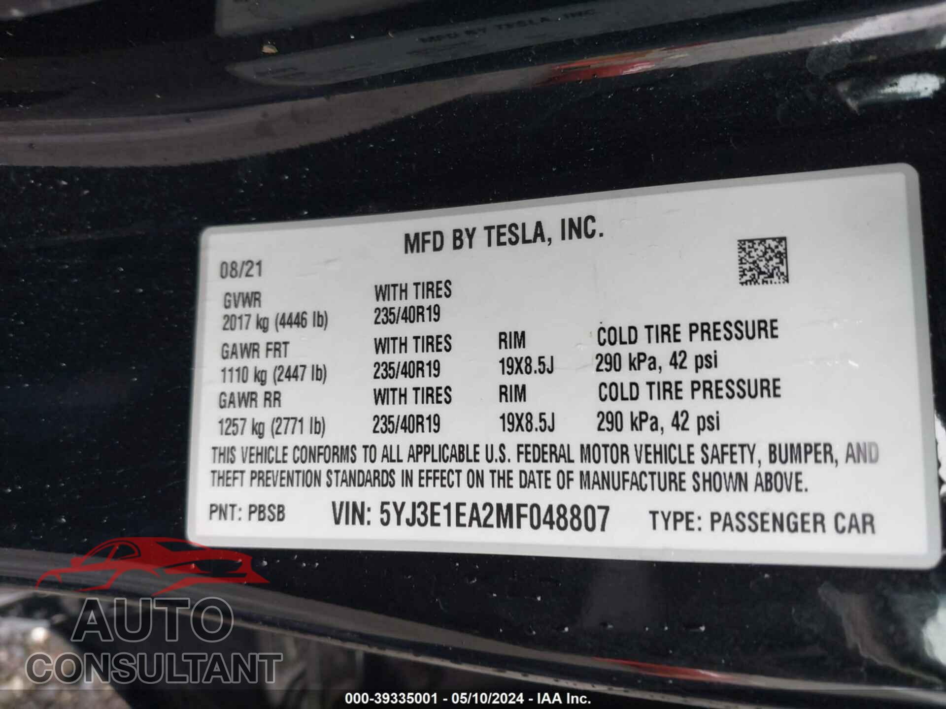 TESLA MODEL 3 2021 - 5YJ3E1EA2MF048807