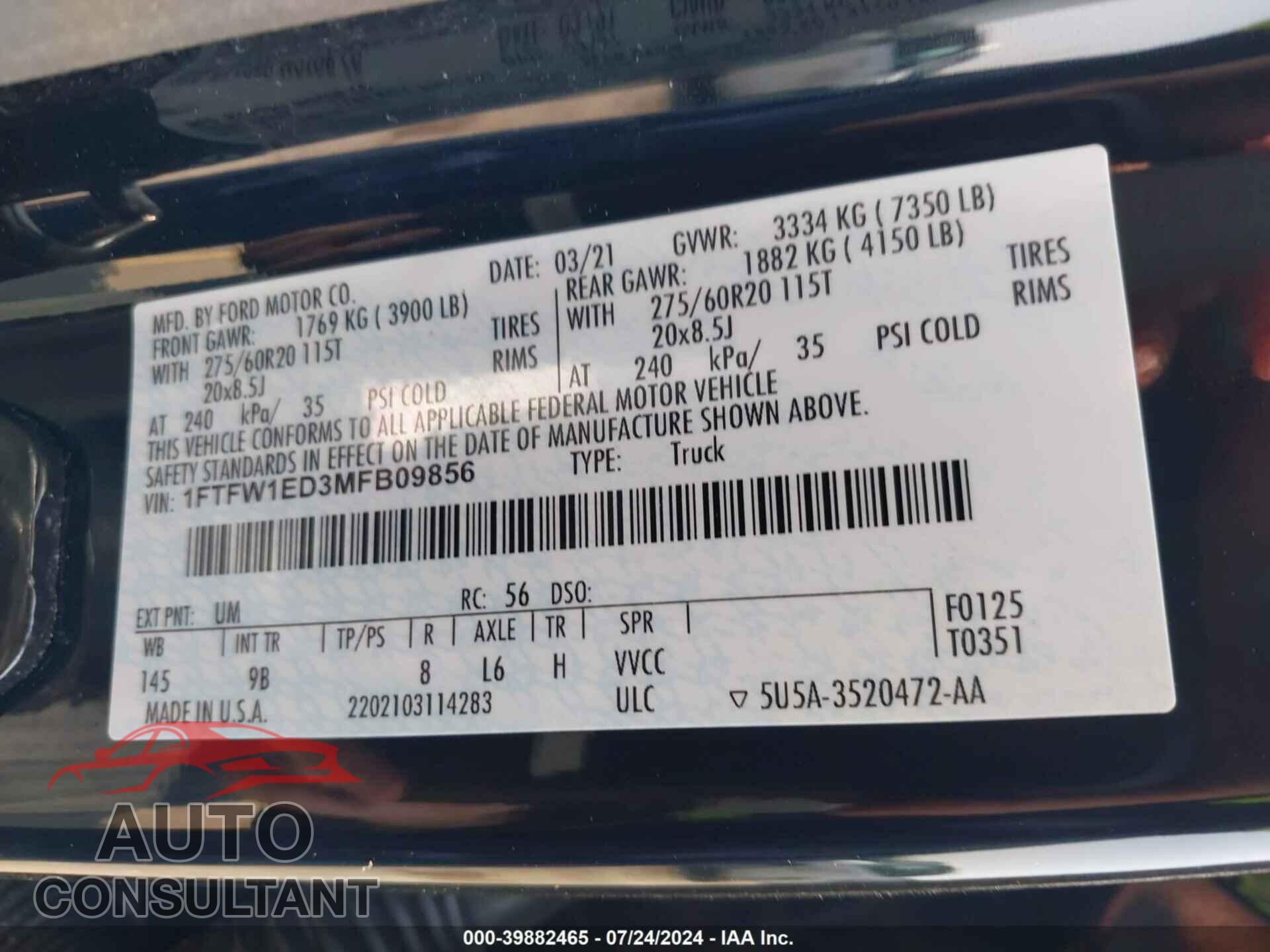 FORD F-150 2021 - 1FTFW1ED3MFB09856