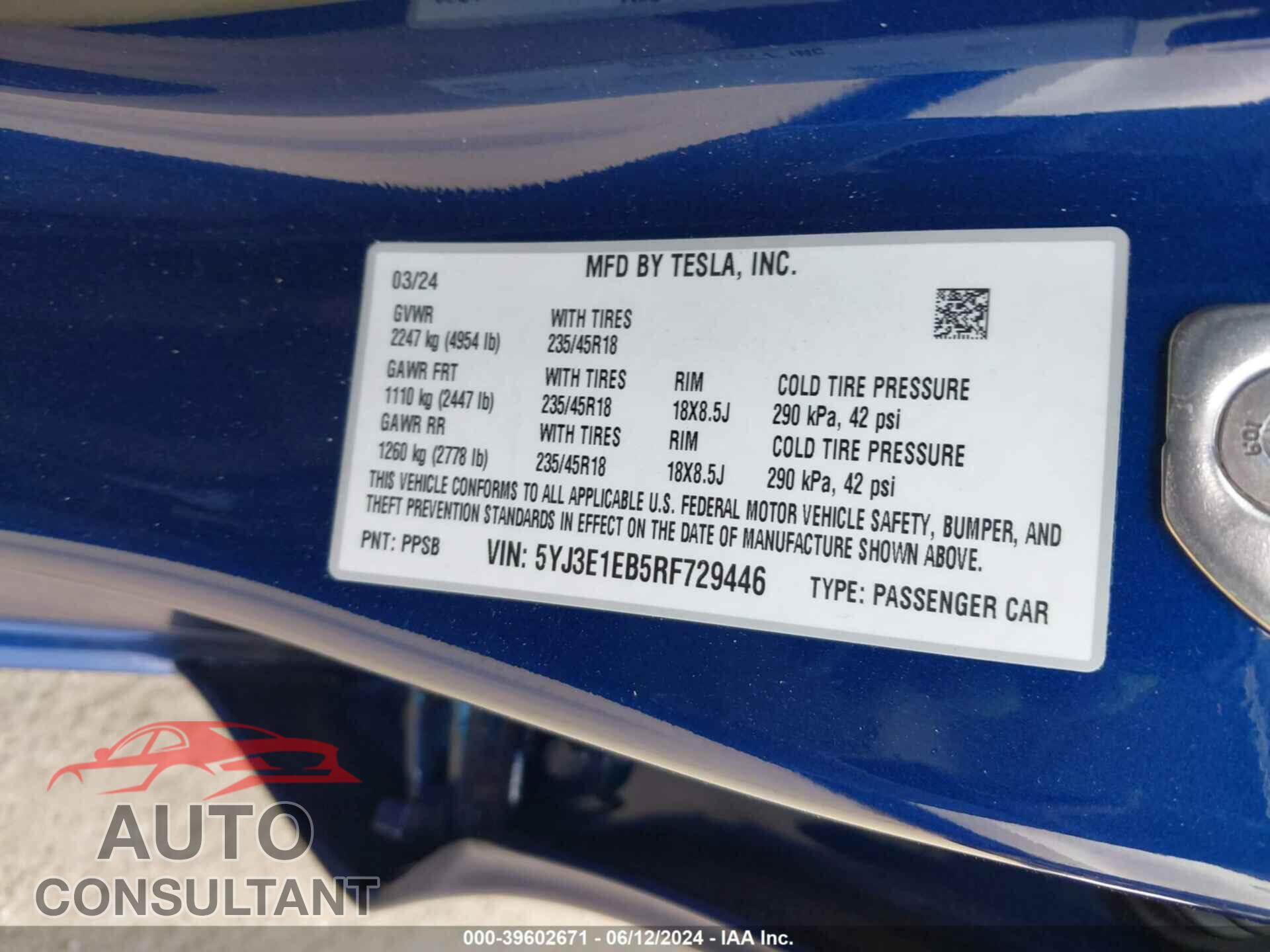 TESLA MODEL 3 2024 - 5YJ3E1EB5RF729446