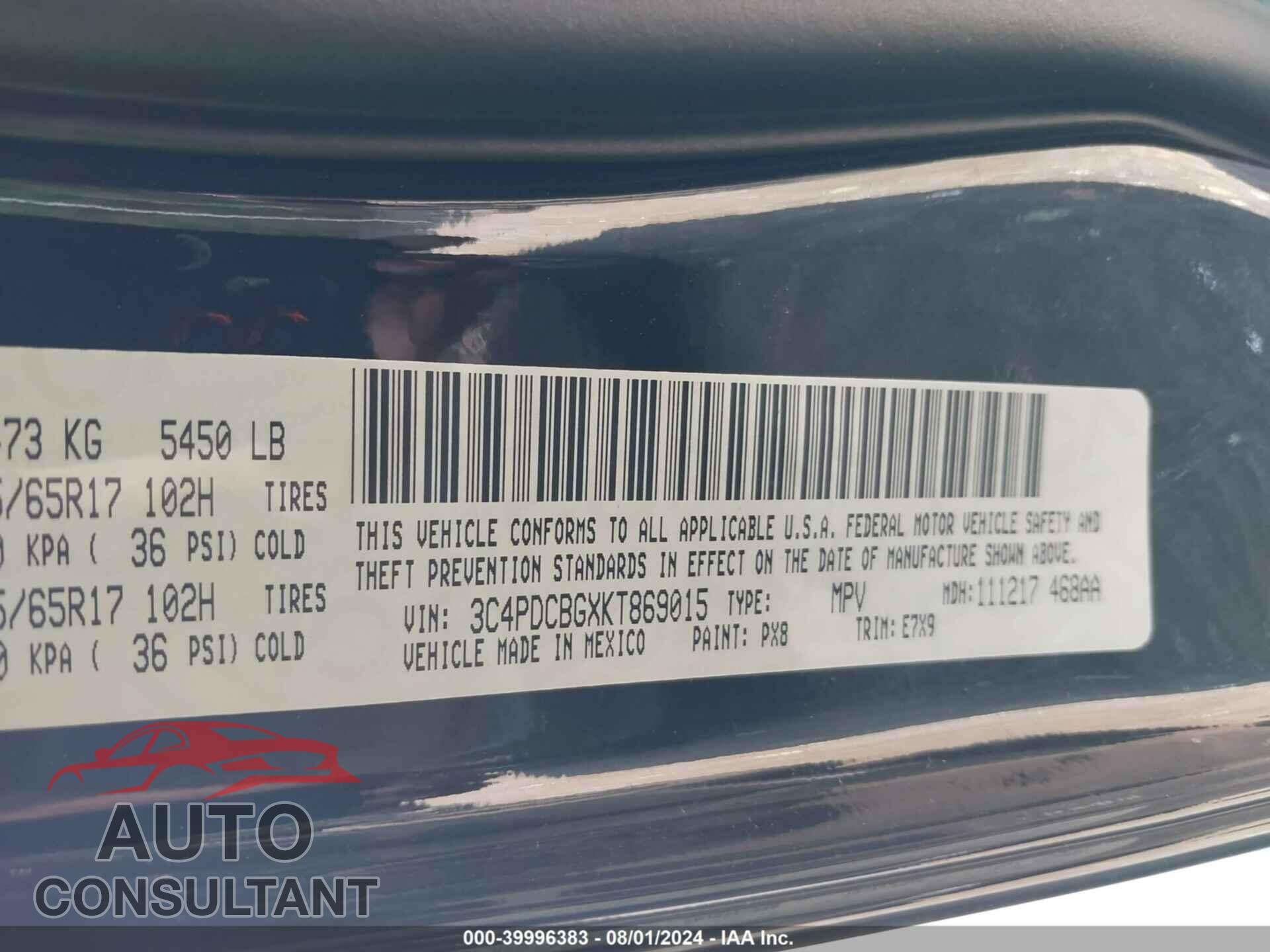 DODGE JOURNEY 2019 - 3C4PDCBGXKT869015