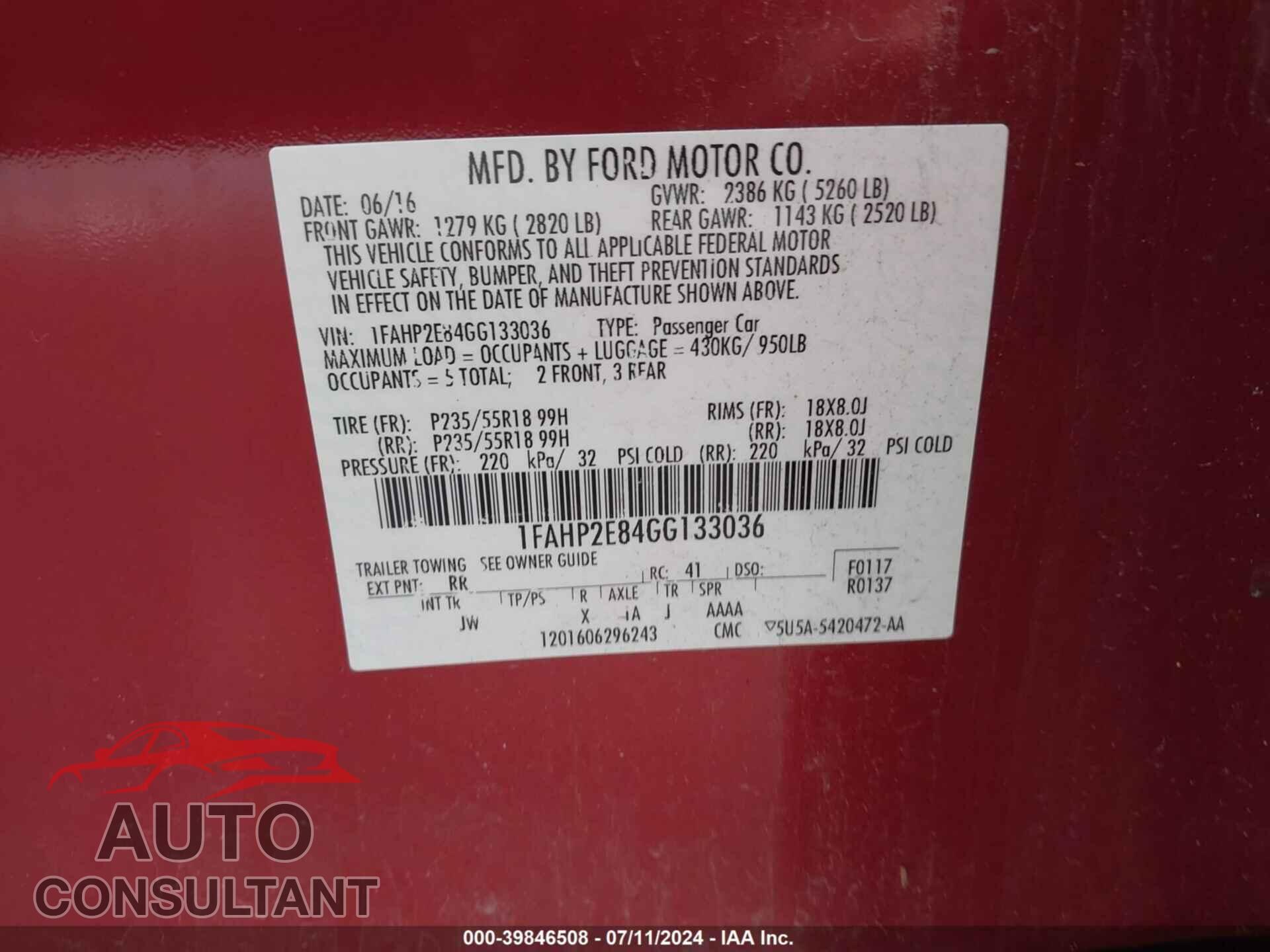 FORD TAURUS 2016 - 1FAHP2E84GG133036