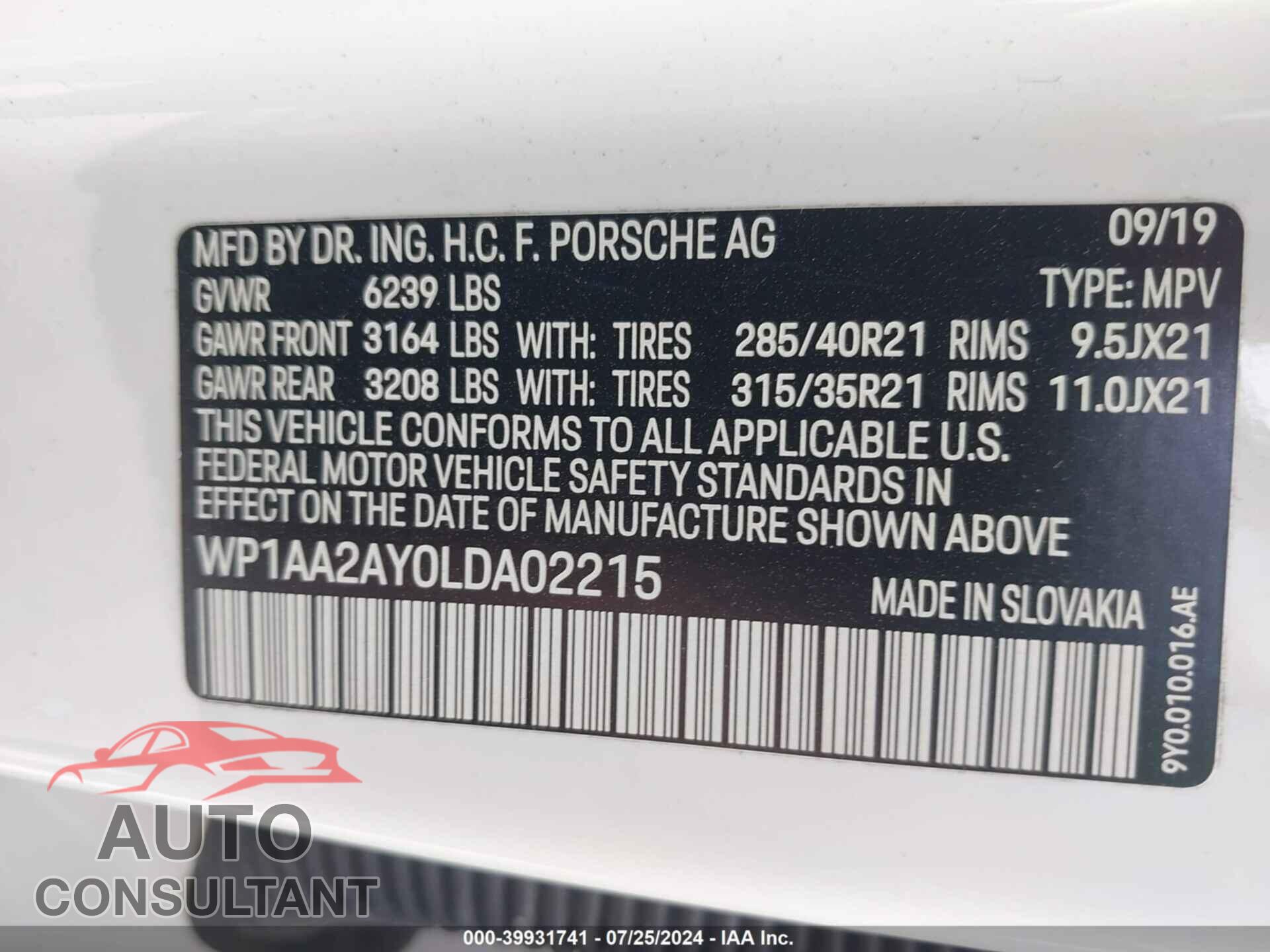 PORSCHE CAYENNE 2020 - WP1AA2AY0LDA02215