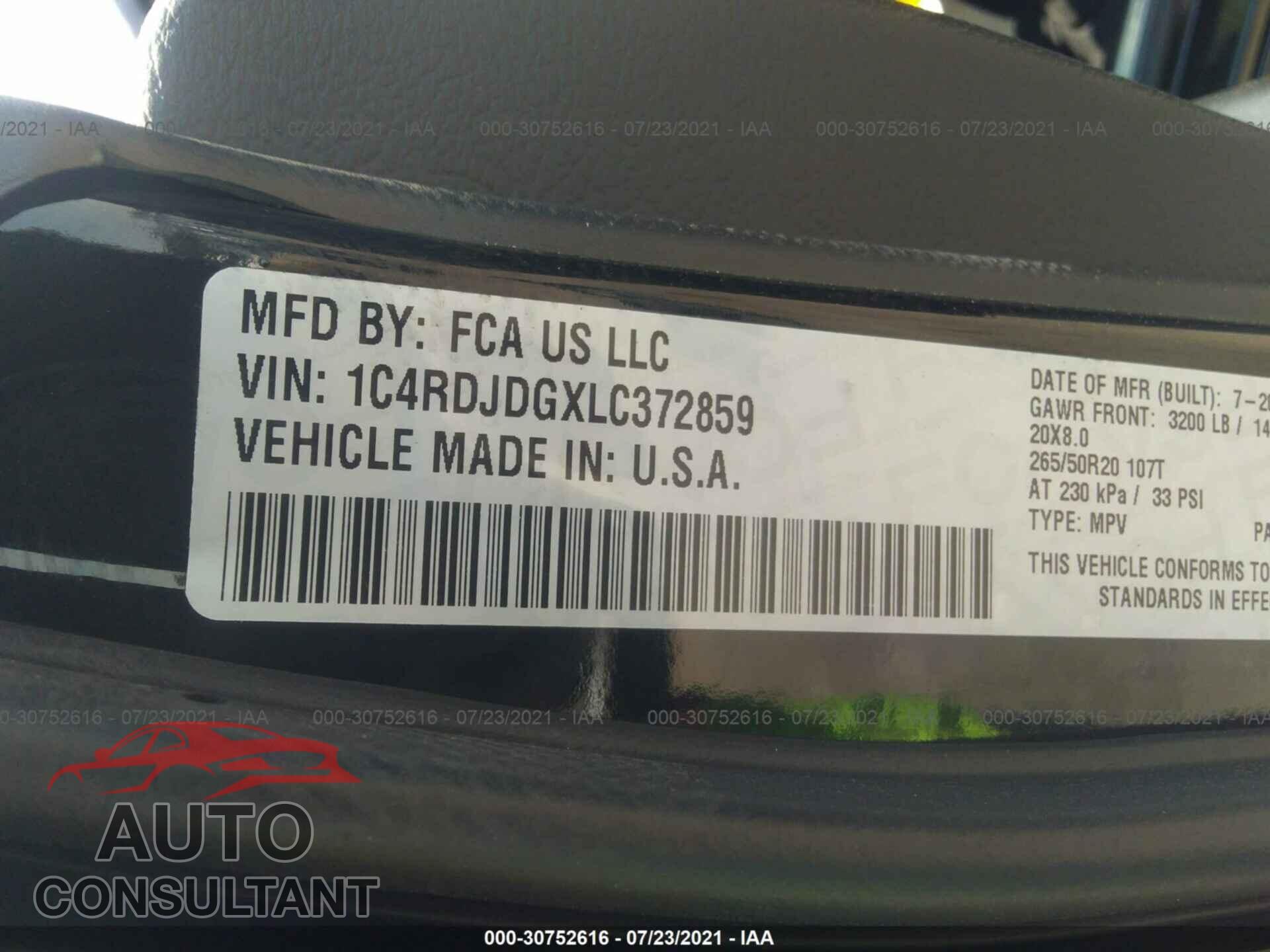 DODGE DURANGO 2020 - 1C4RDJDGXLC372859