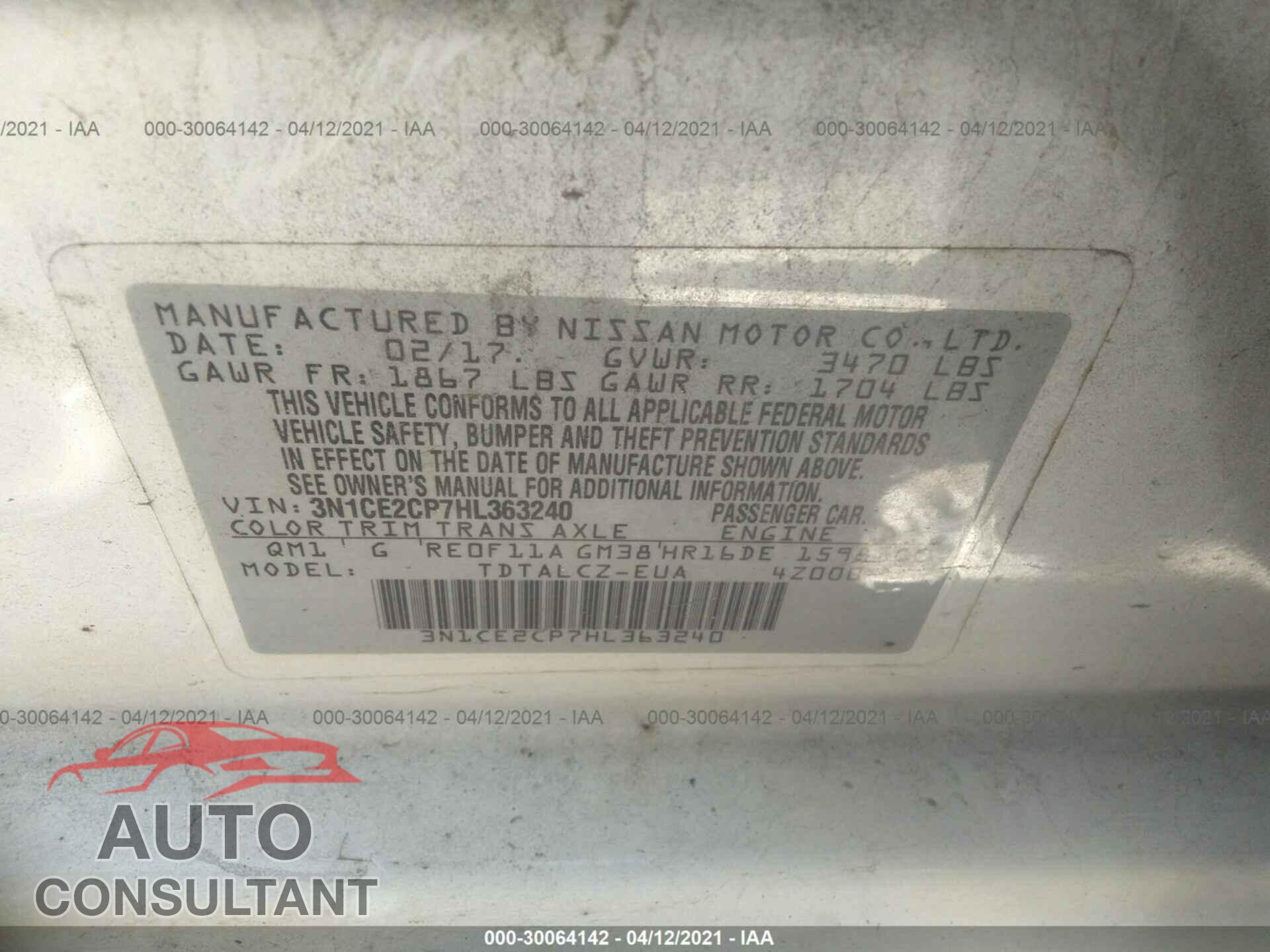 NISSAN VERSA NOTE 2017 - 3N1CE2CP7HL363240