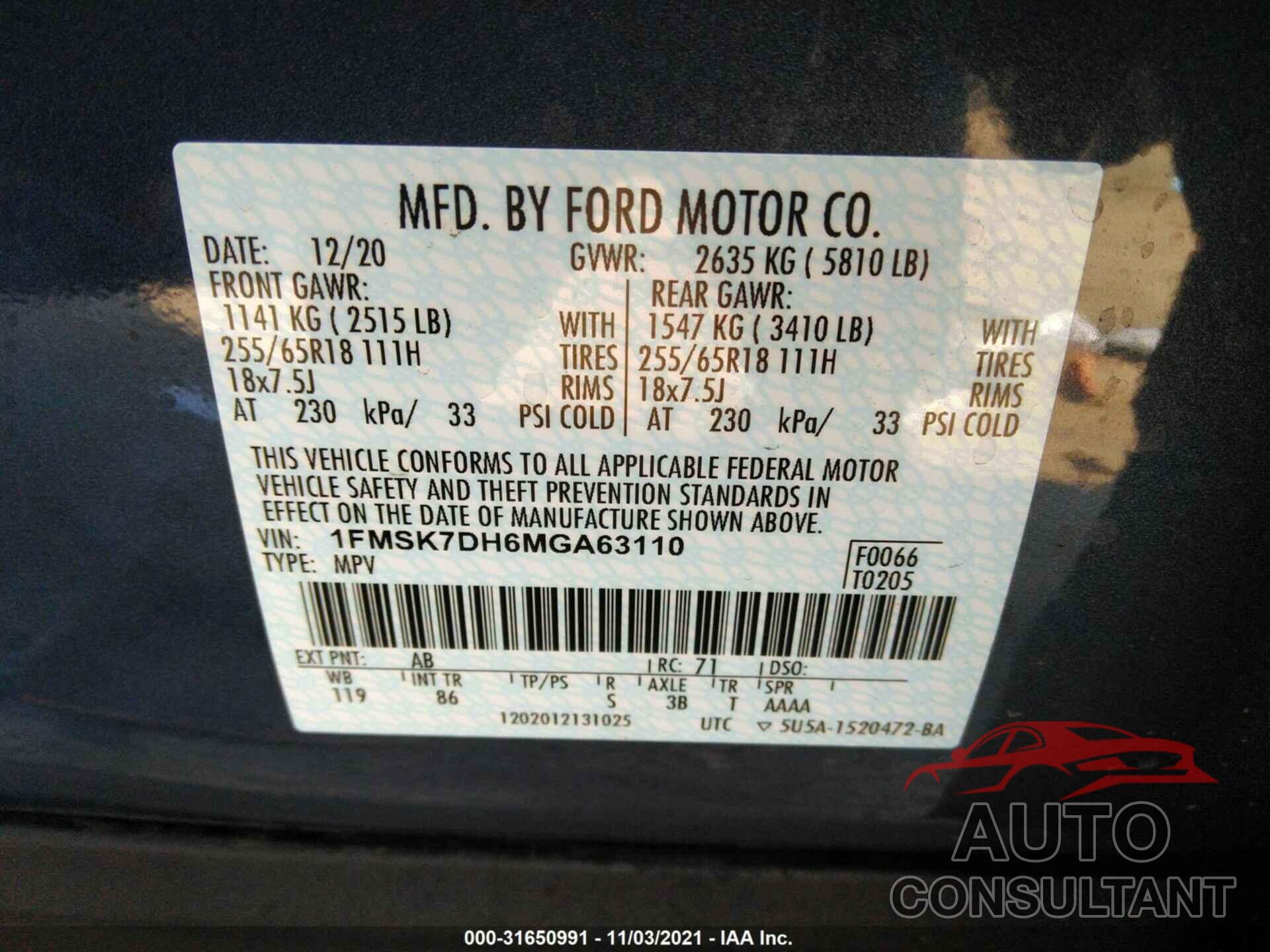 FORD EXPLORER 2021 - 1FMSK7DH6MGA63110