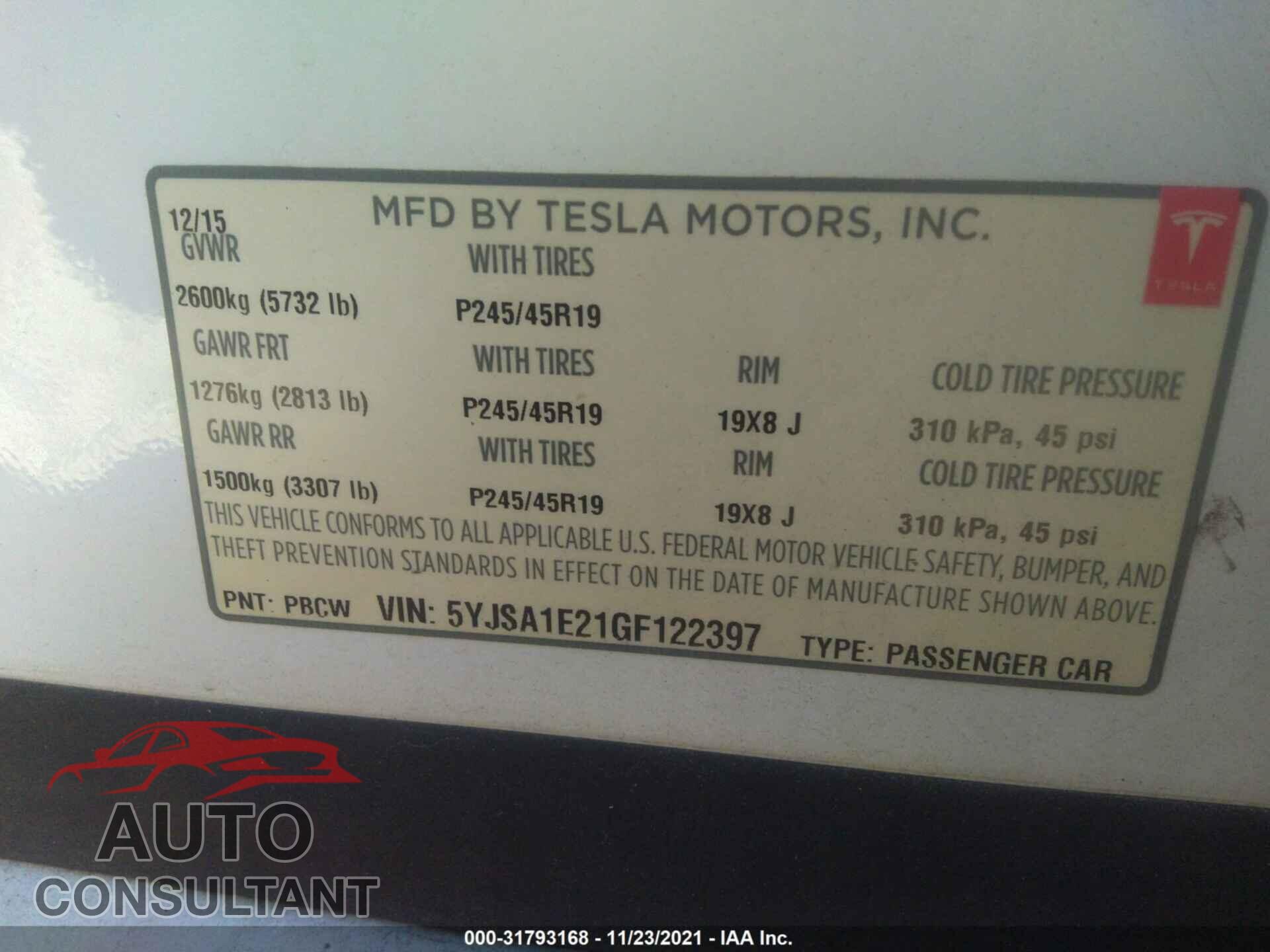 TESLA MODEL S 2016 - 5YJSA1E21GF122397