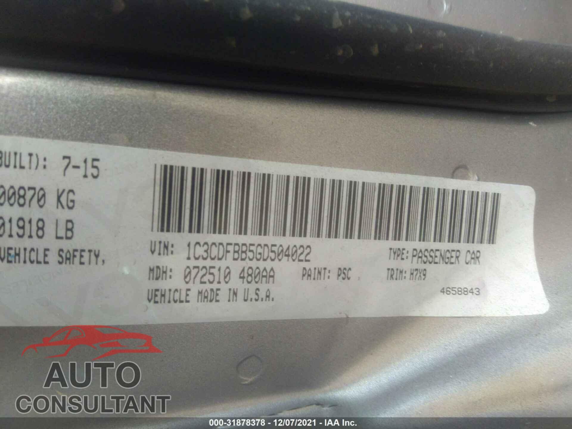 DODGE DART 2016 - 1C3CDFBB5GD504022