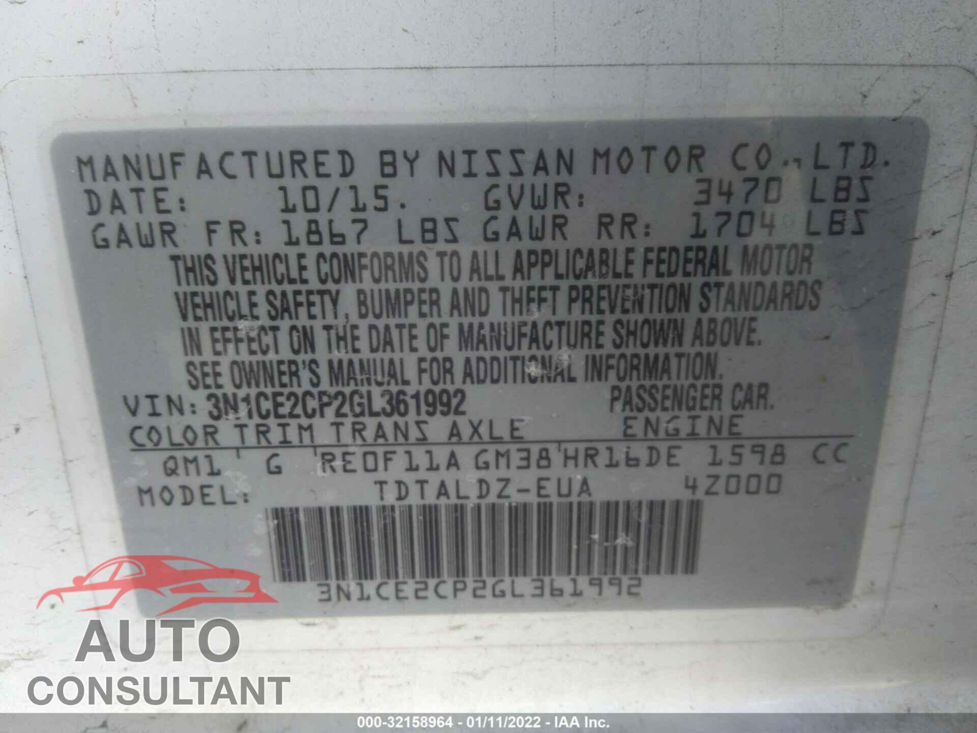 NISSAN VERSA NOTE 2016 - 3N1CE2CP2GL361992