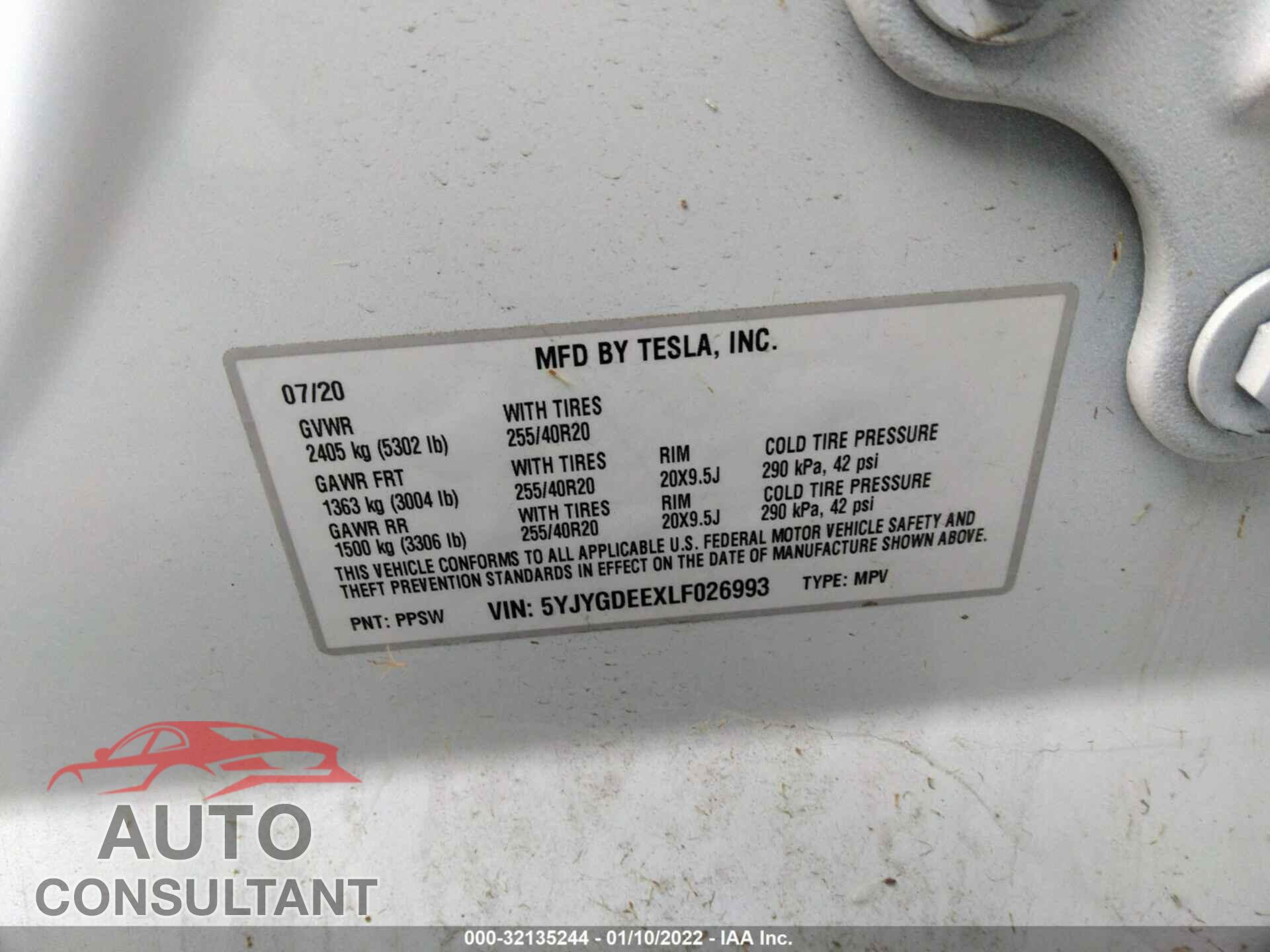 TESLA MODEL Y 2020 - 5YJYGDEEXLF026993