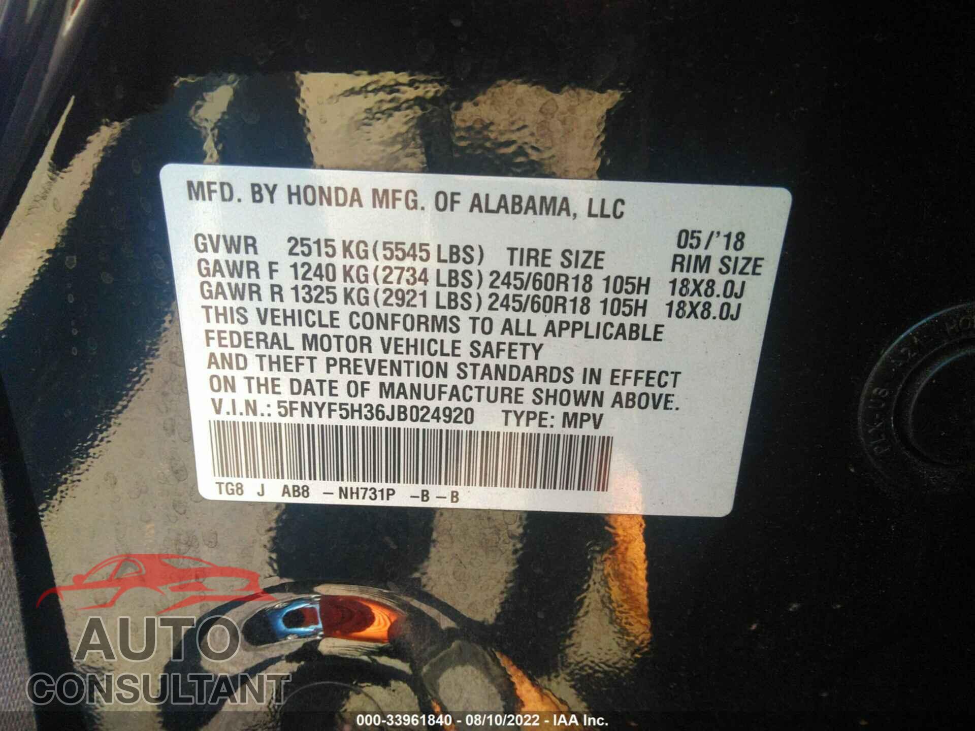 HONDA PILOT 2018 - 5FNYF5H36JB024920