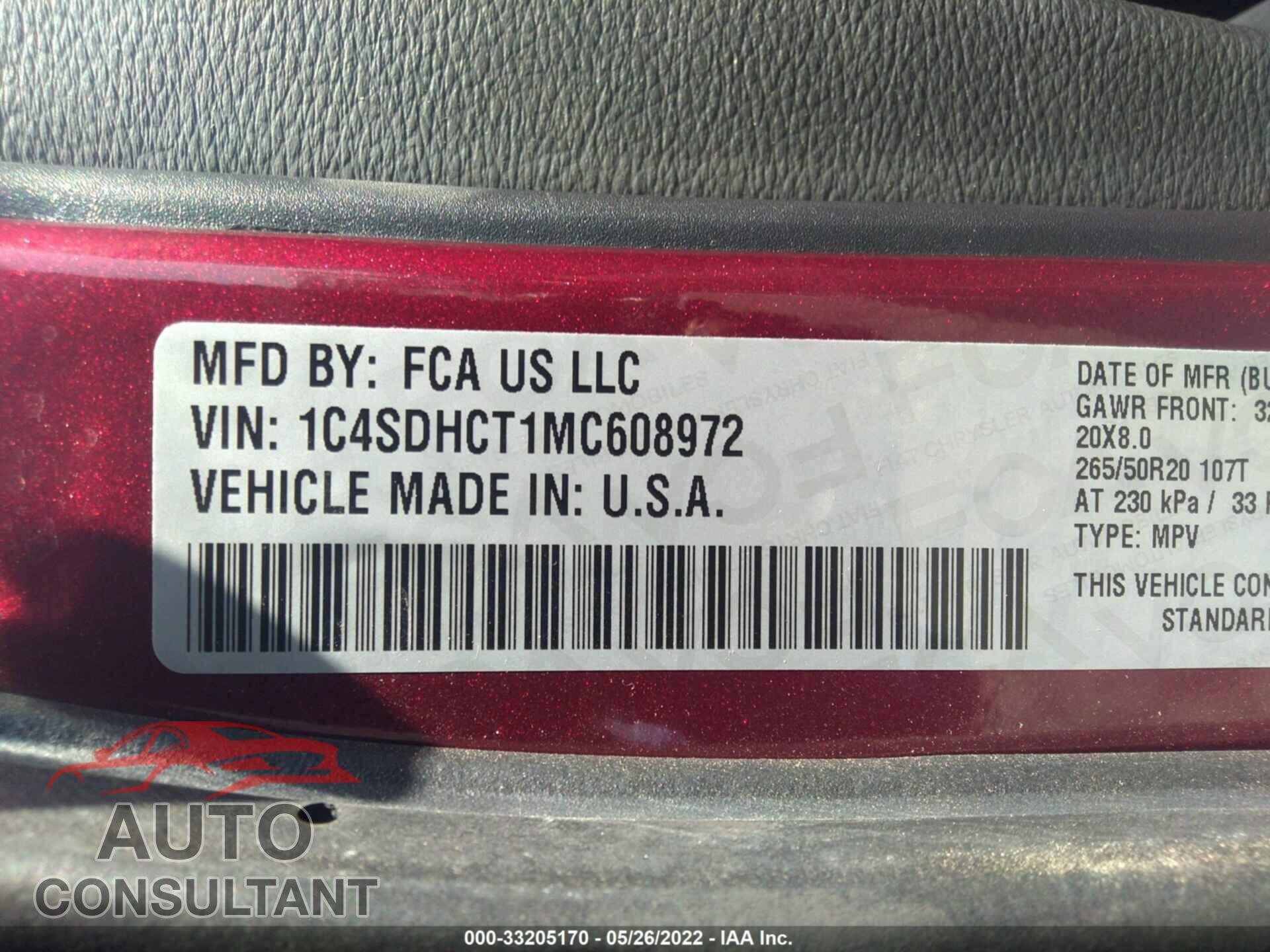 DODGE DURANGO 2021 - 1C4SDHCT1MC608972