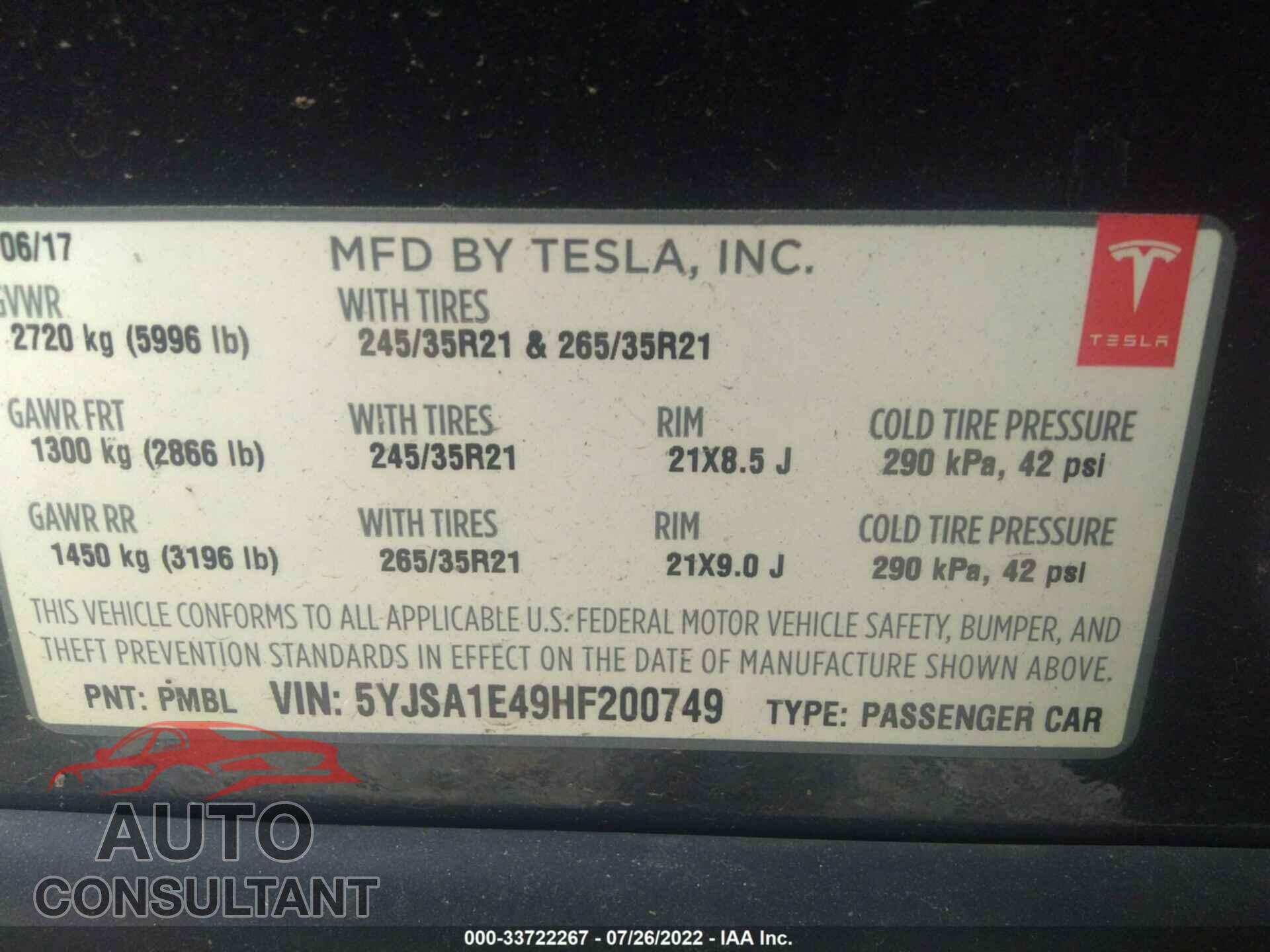 TESLA MODEL S 2017 - 5YJSA1E49HF200749