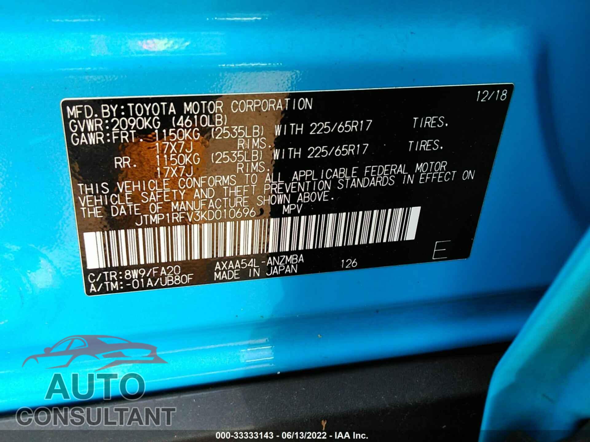 TOYOTA RAV4 2019 - JTMP1RFV3KD010696