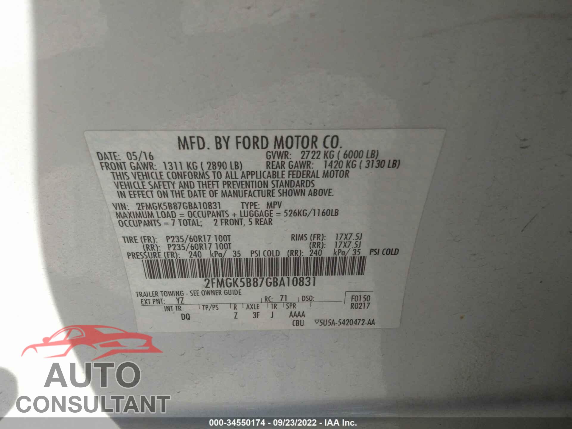 FORD FLEX 2016 - 2FMGK5B87GBA10831