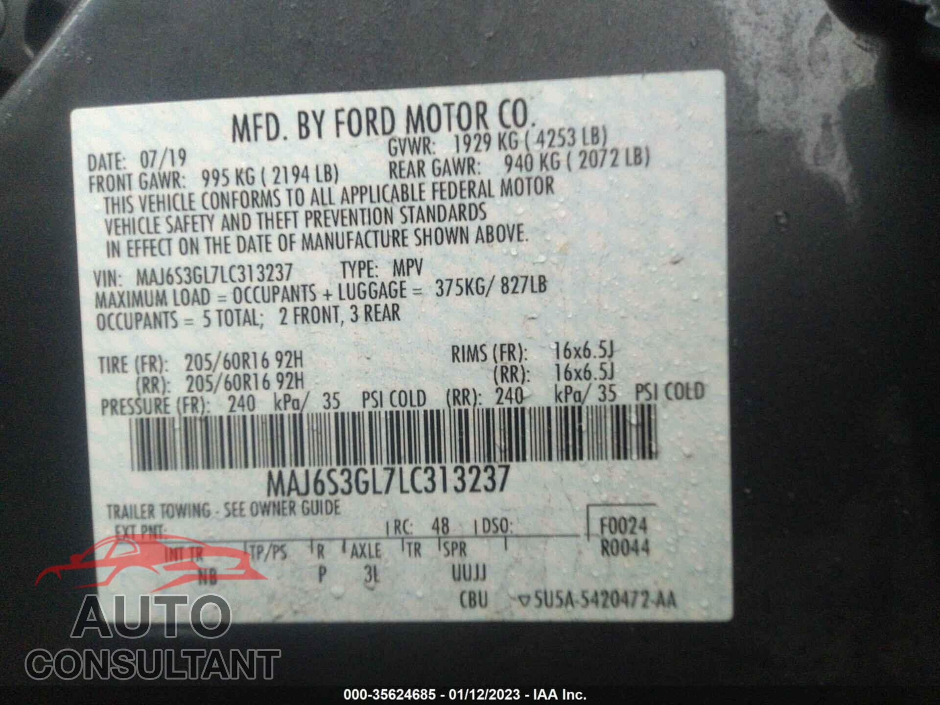 FORD ECOSPORT 2020 - MAJ6S3GL7LC313237
