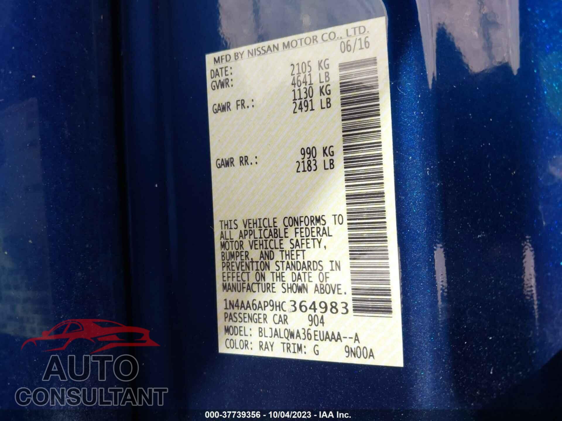 NISSAN MAXIMA 2017 - 1N4AA6AP9HC364983