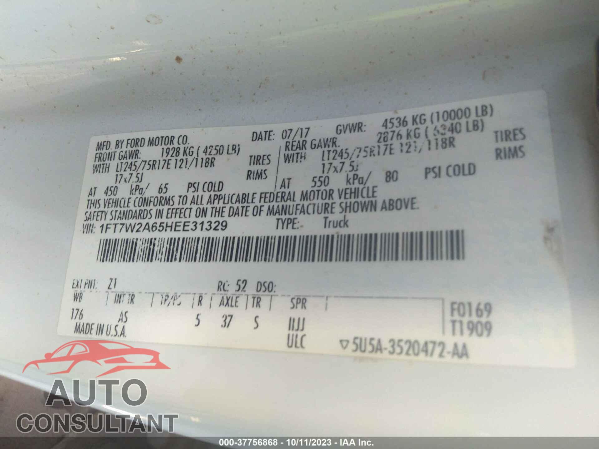 FORD F-250 2017 - 1FT7W2A65HEE31329