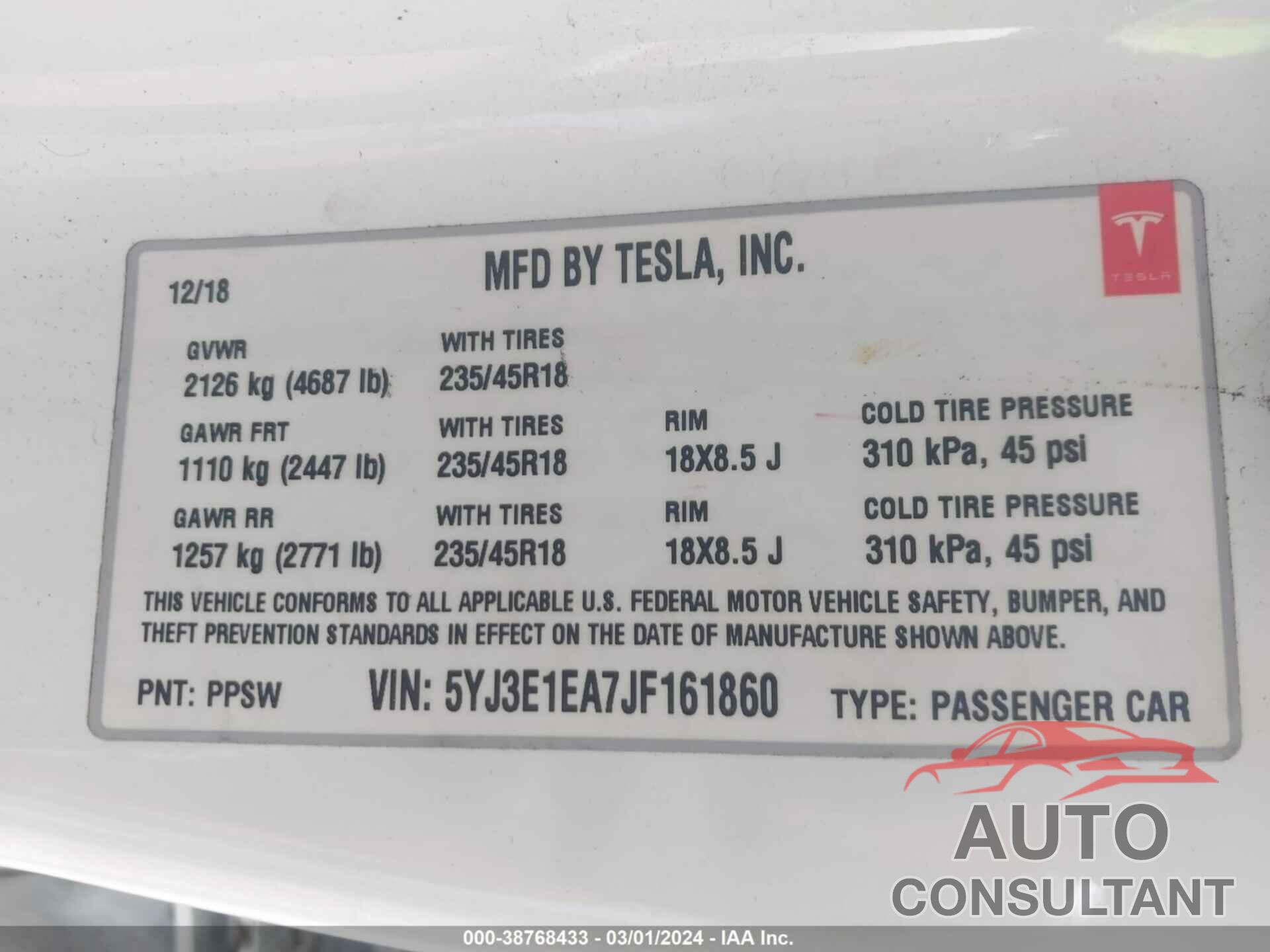 TESLA MODEL 3 2018 - 5YJ3E1EA7JF161860