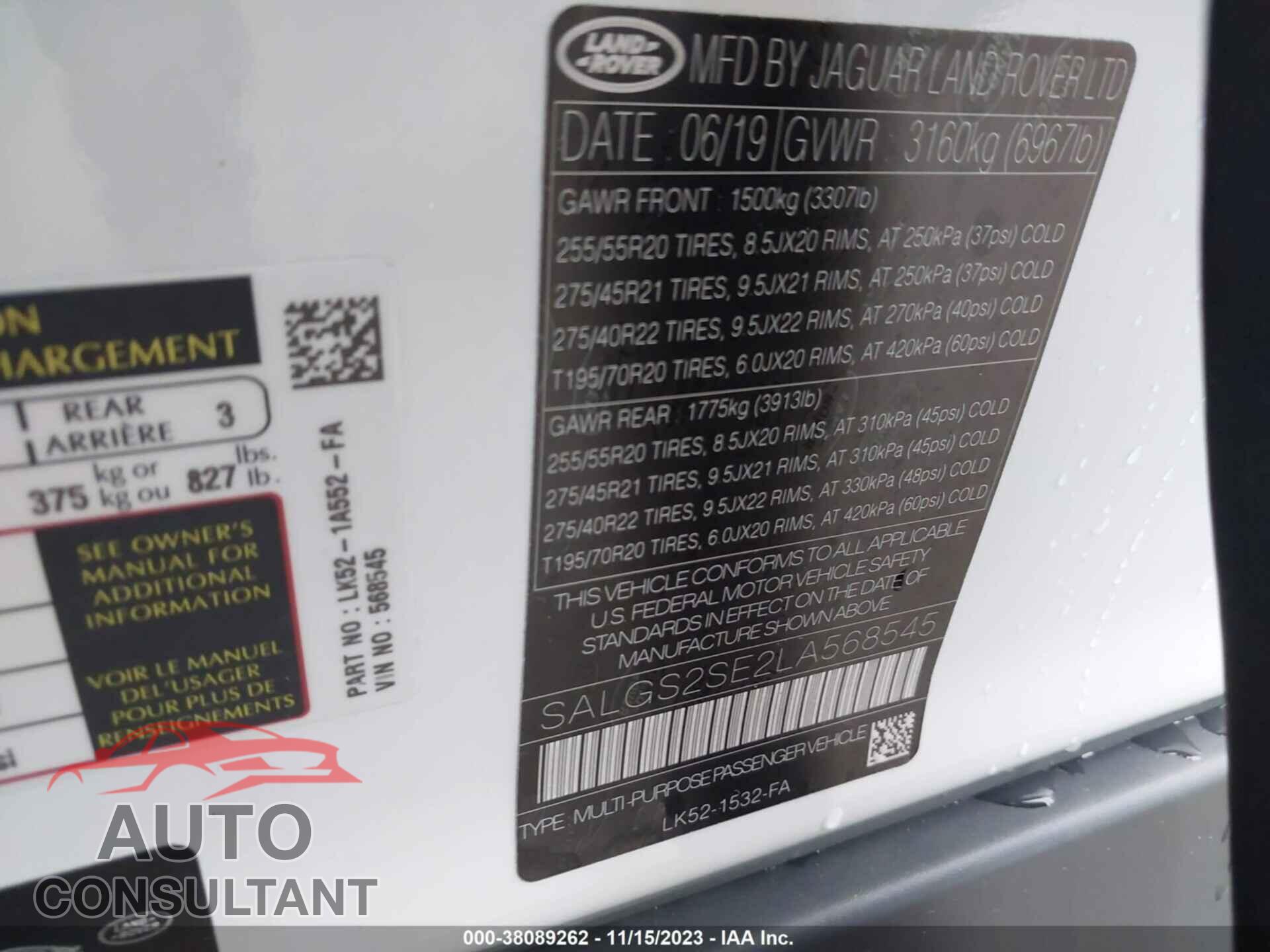 LAND ROVER RANGE ROVER 2020 - SALGS2SE2LA568545