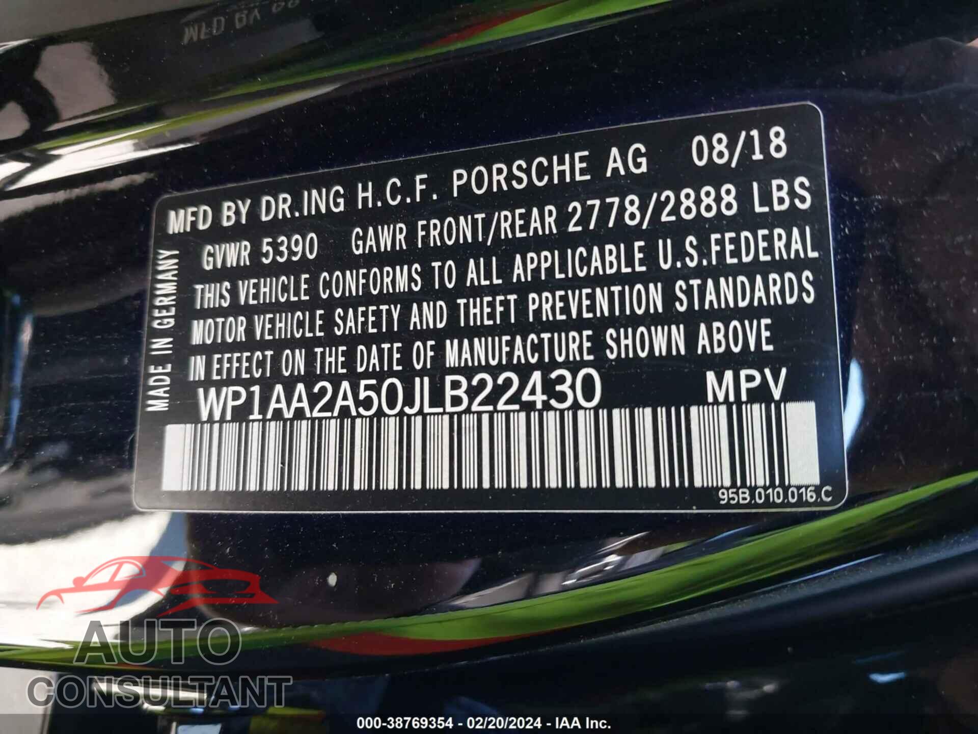 PORSCHE MACAN 2018 - WP1AA2A50JLB22430