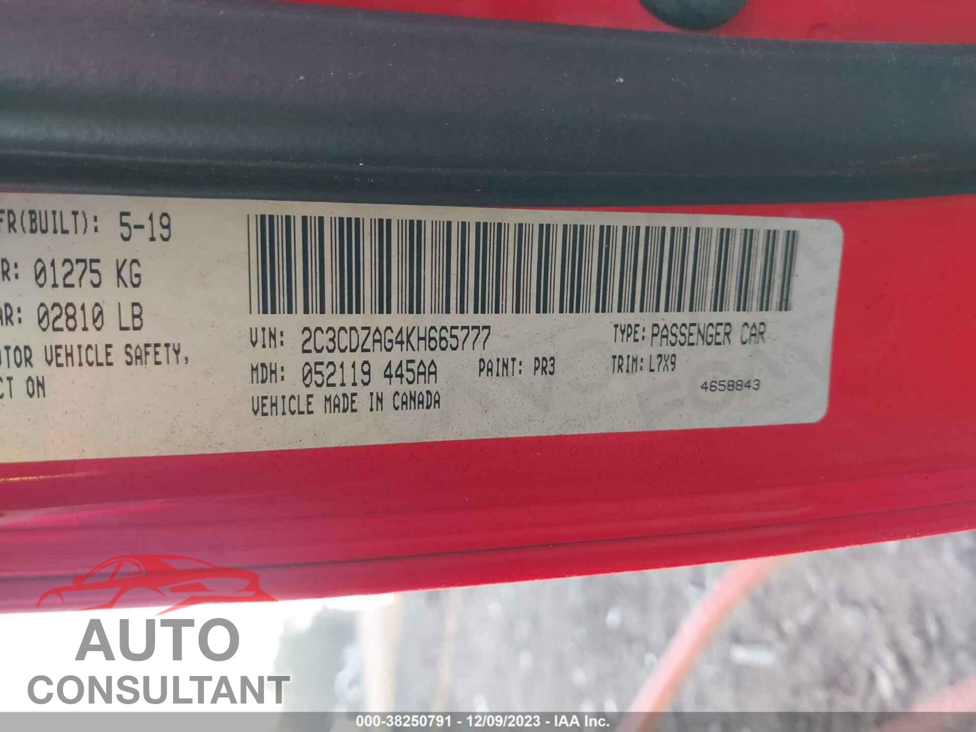 DODGE CHALLENGER 2019 - 2C3CDZAG4KH665777