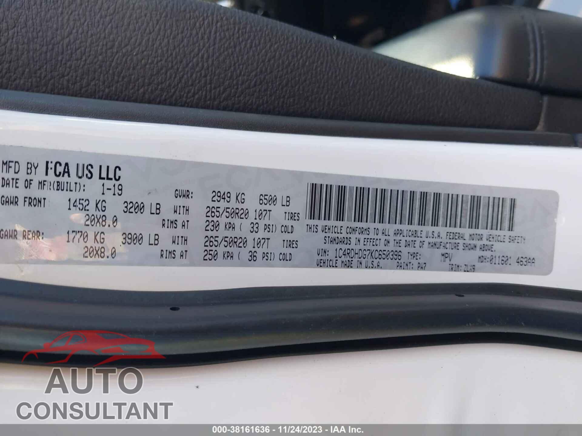DODGE DURANGO 2019 - 1C4RDHDG7KC650396