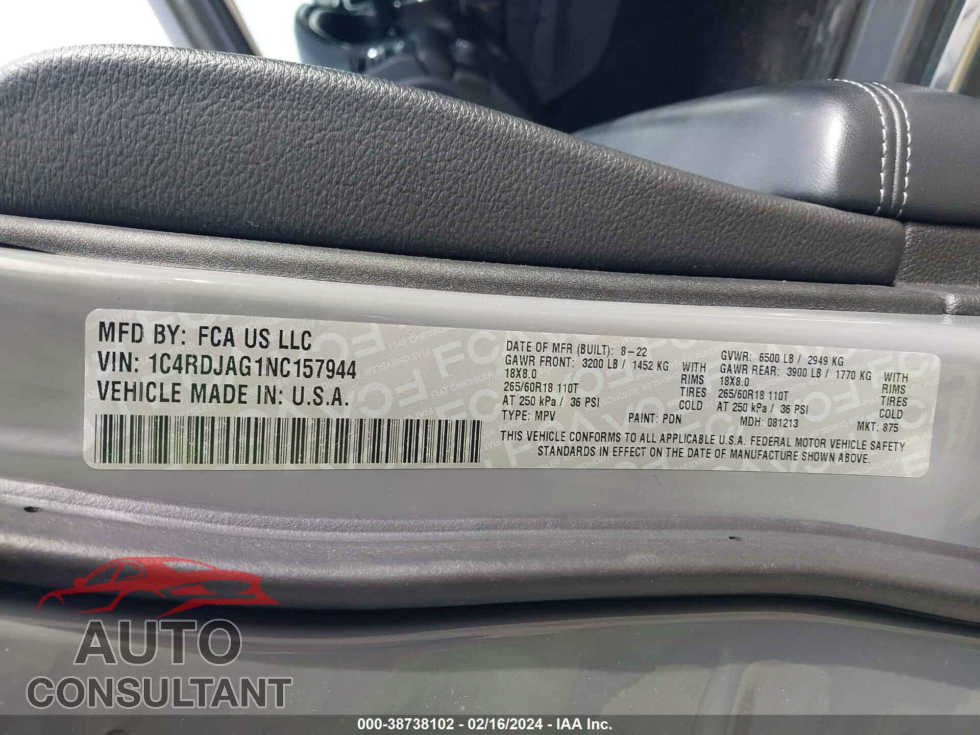 DODGE DURANGO 2022 - 1C4RDJAG1NC157944