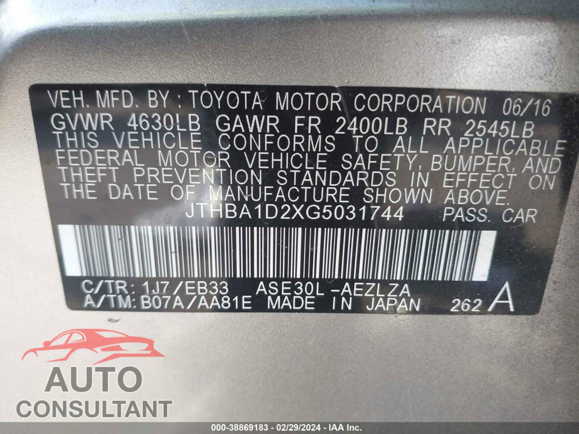 LEXUS IS 2016 - JTHBA1D2XG5031744