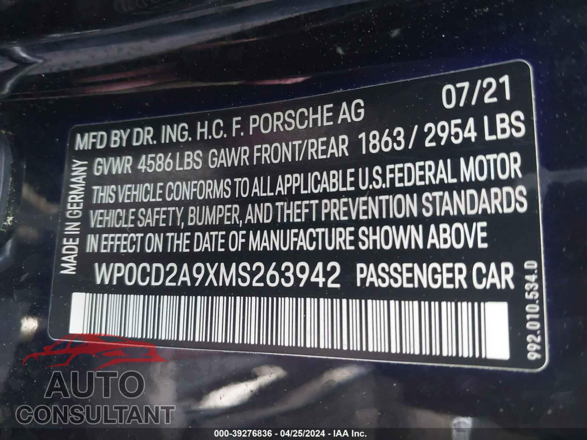 PORSCHE 911 2021 - WP0CD2A9XMS263942
