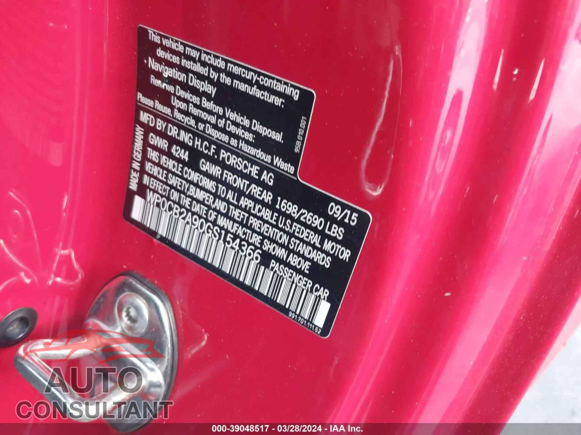 PORSCHE 911 2016 - WP0CB2A90GS154366