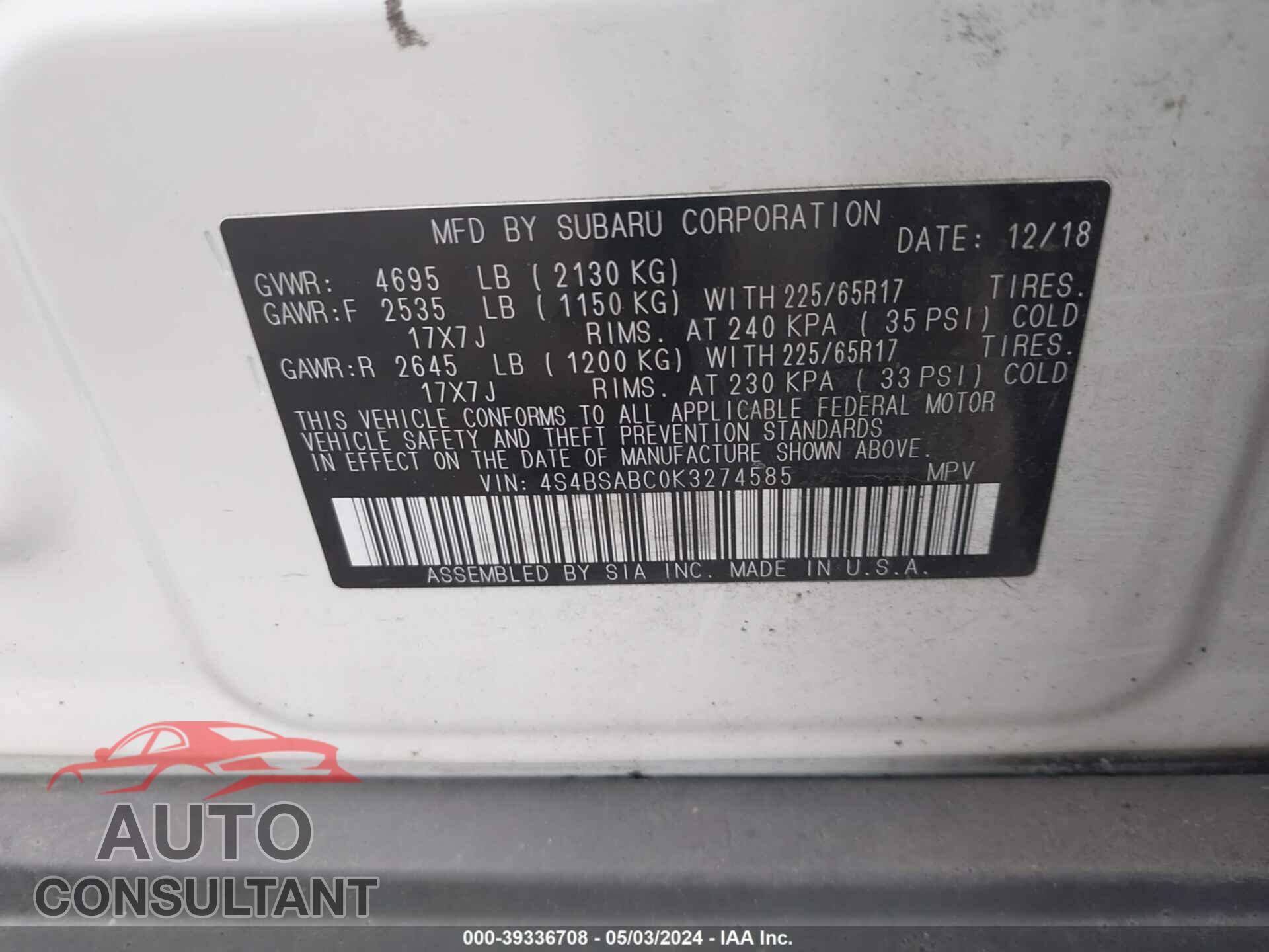 SUBARU OUTBACK 2019 - 4S4BSABC0K3274585