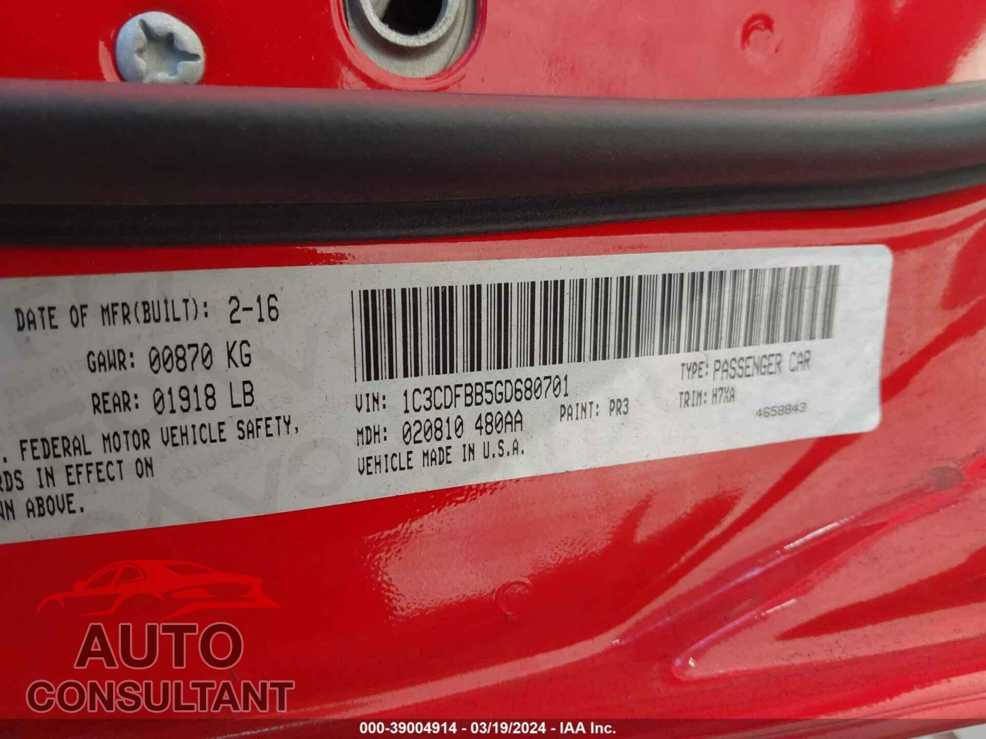 DODGE DART 2016 - 1C3CDFBB5GD680701