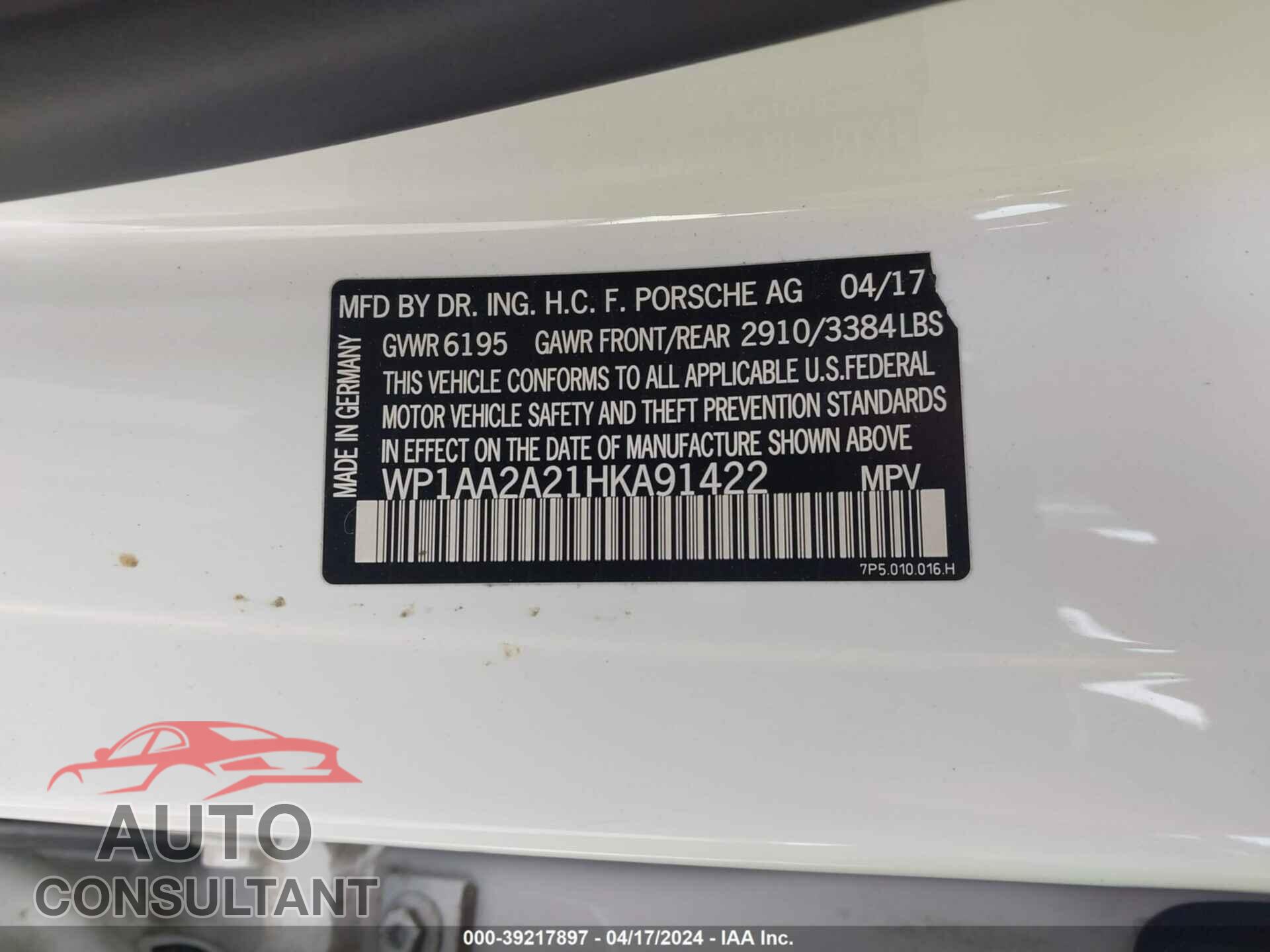PORSCHE CAYENNE 2017 - WP1AA2A21HKA91422