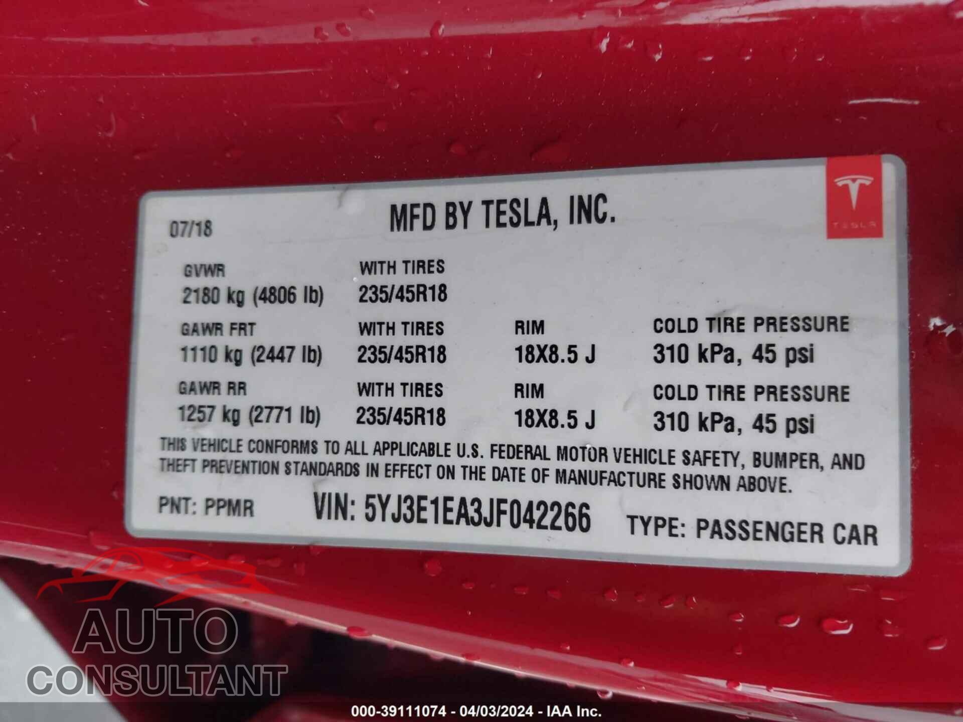 TESLA MODEL 3 2018 - 5YJ3E1EA3JF042266