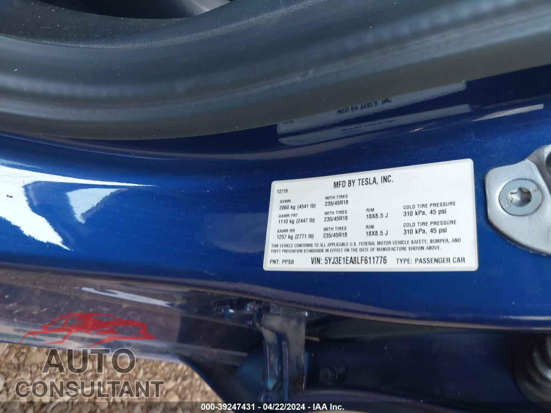TESLA MODEL 3 2020 - 5YJ3E1EA8LF611776