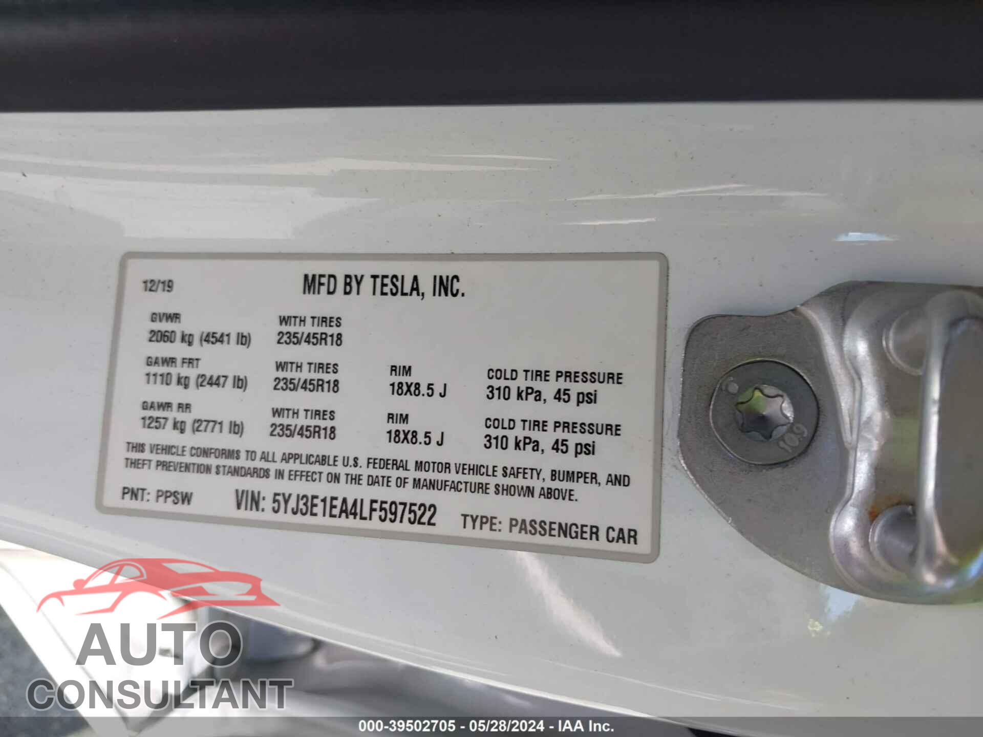 TESLA MODEL 3 2020 - 5YJ3E1EA4LF597522