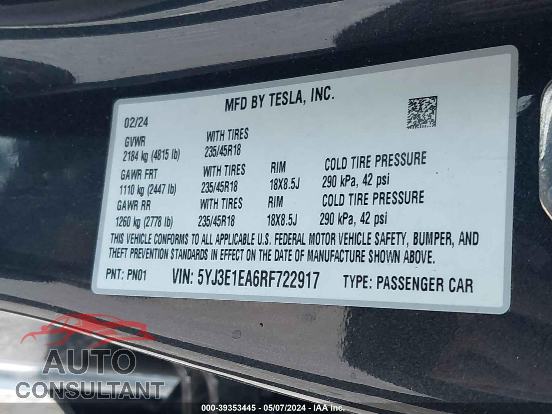 TESLA MODEL 3 2024 - 5YJ3E1EA6RF722917