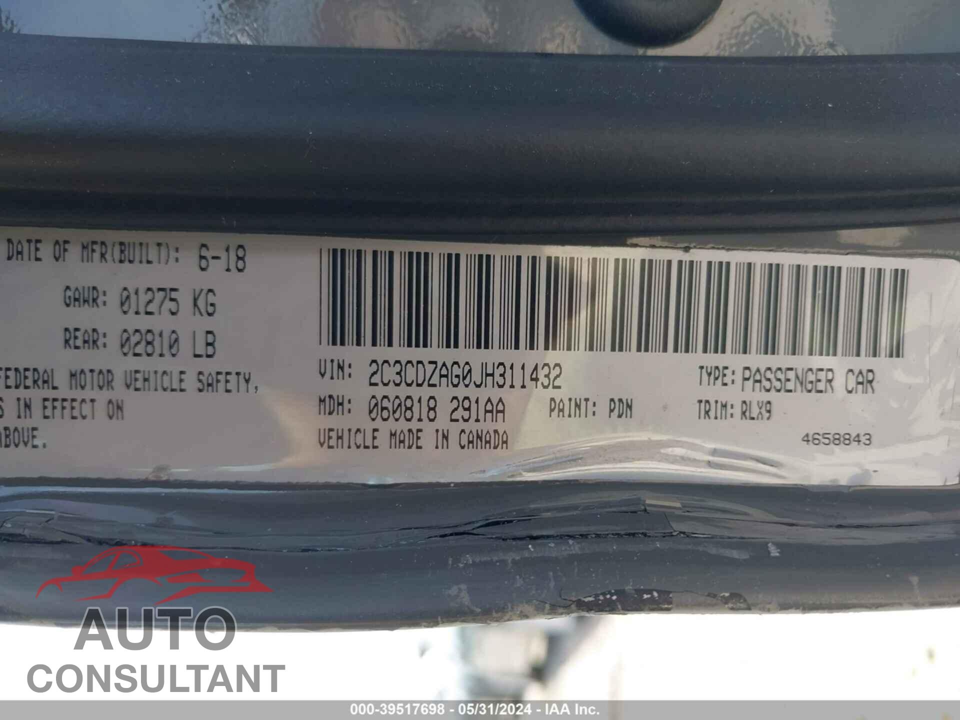 DODGE CHALLENGER 2018 - 2C3CDZAG0JH311432