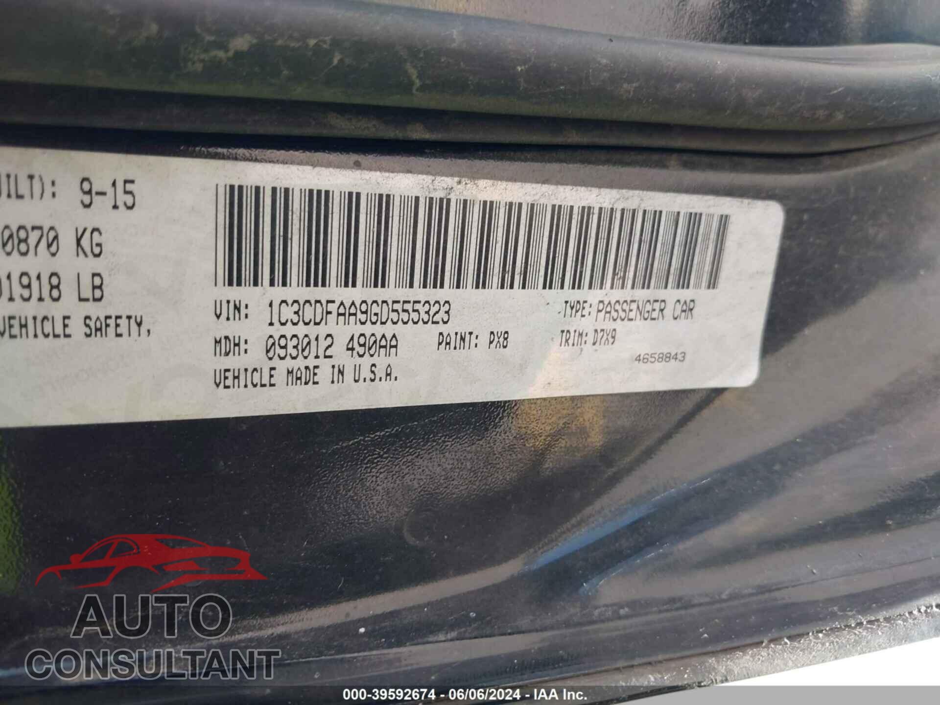 DODGE DART 2016 - 1C3CDFAA9GD555323