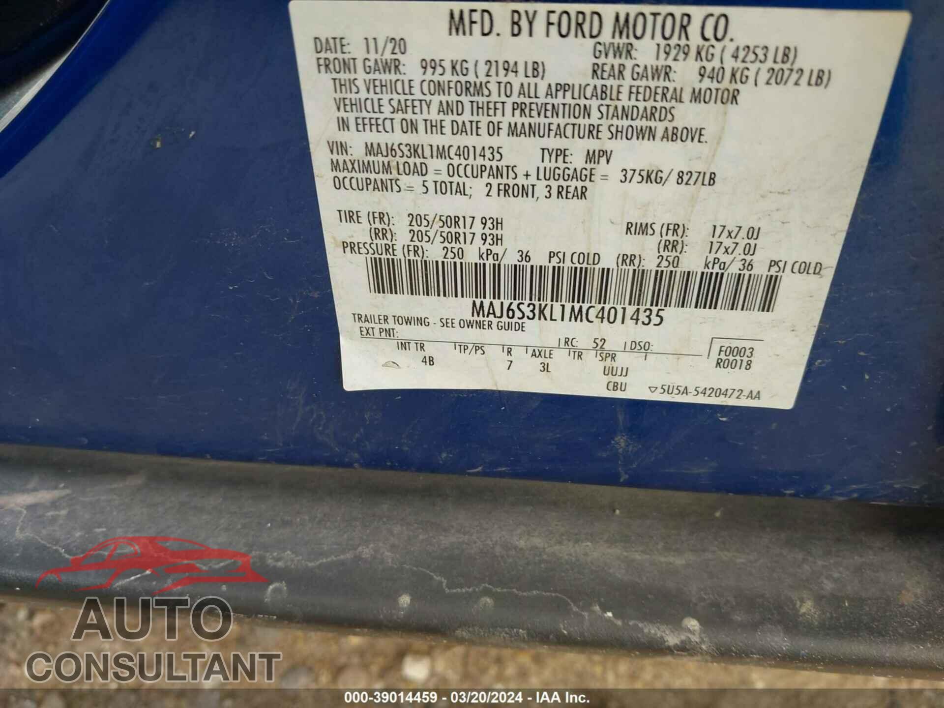 FORD ECOSPORT 2021 - MAJ6S3KL1MC401435