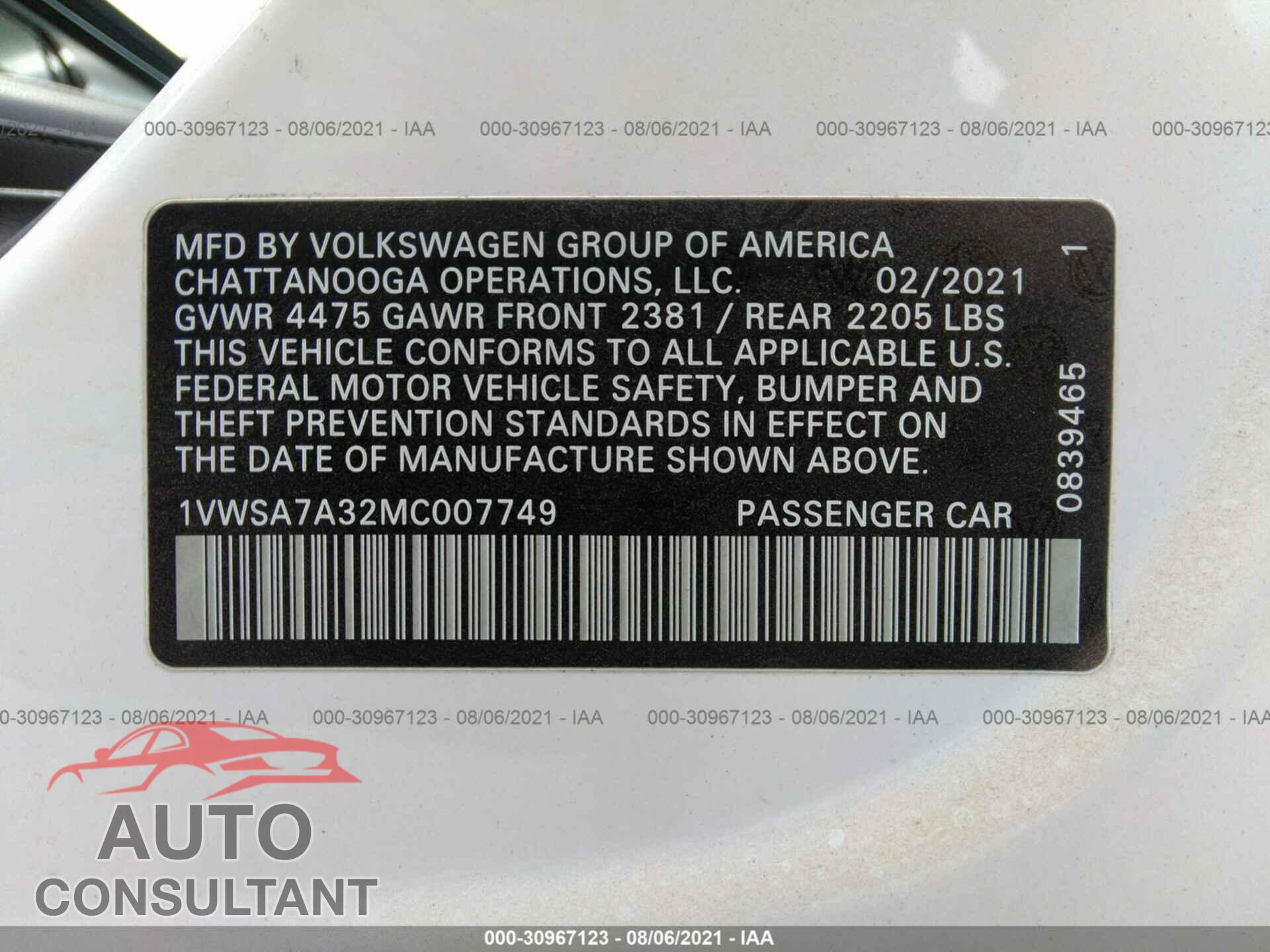 VOLKSWAGEN PASSAT 2021 - 1VWSA7A32MC007749