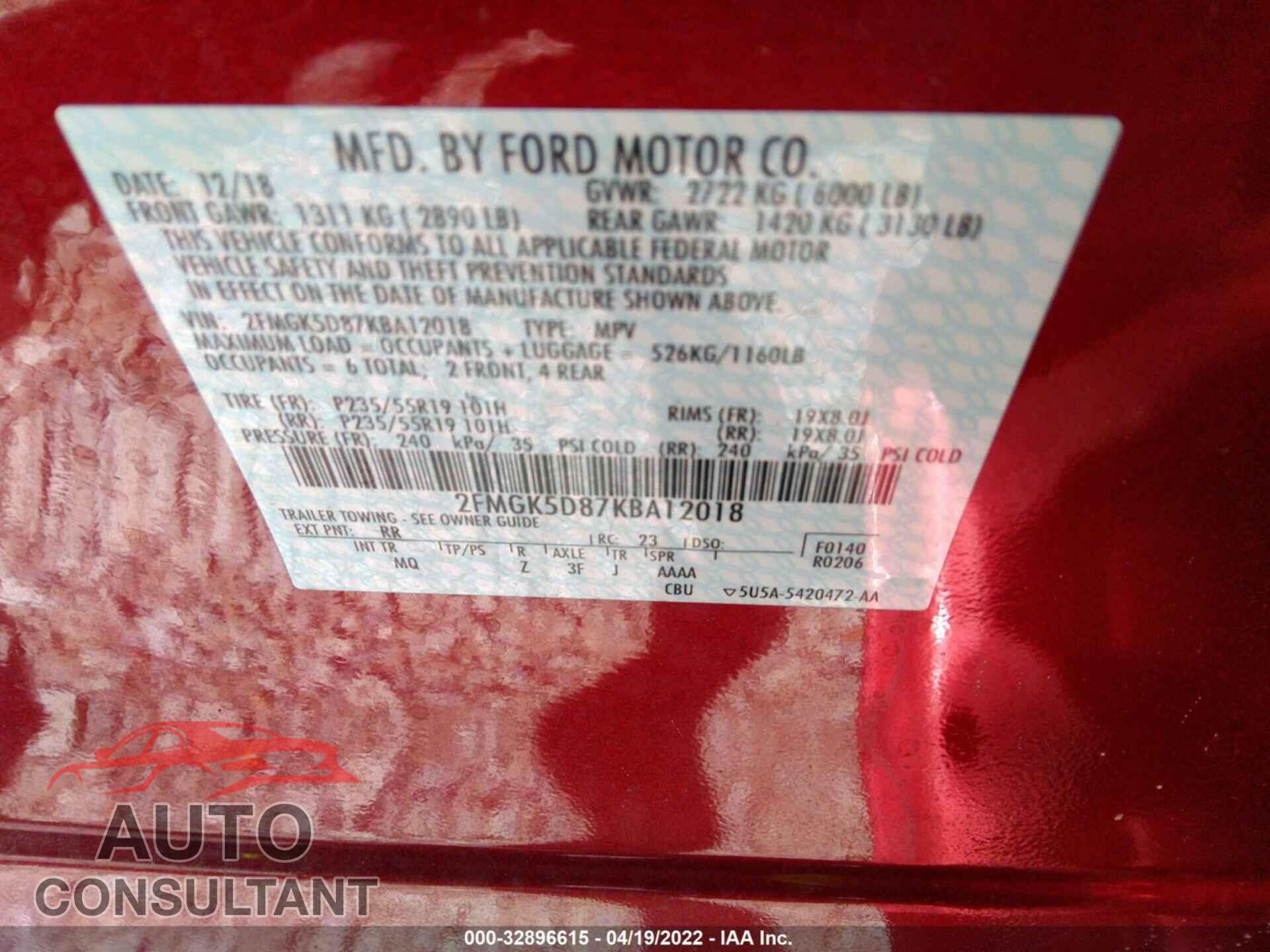 FORD FLEX 2019 - 2FMGK5D87KBA12018