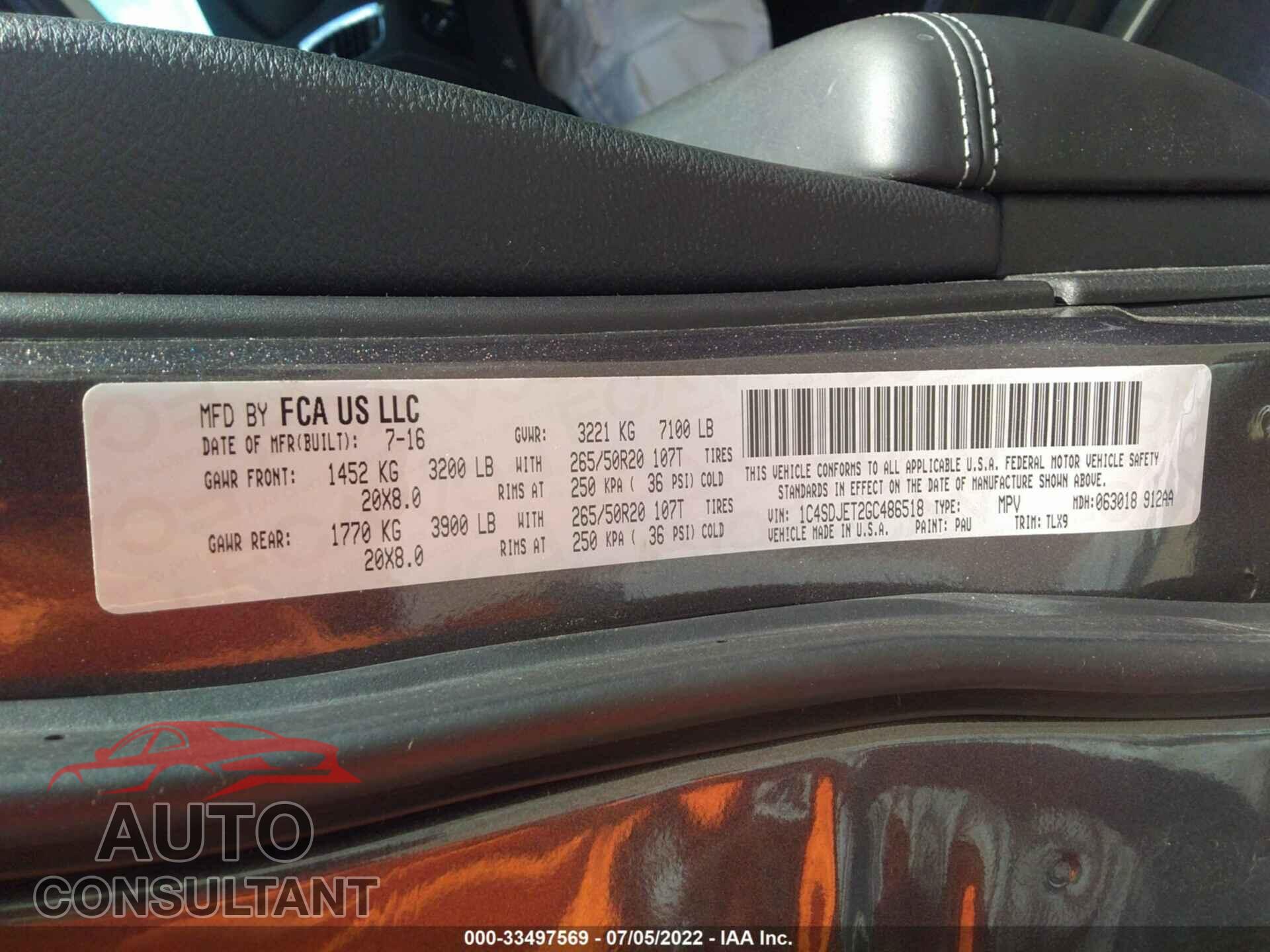 DODGE DURANGO 2016 - 1C4SDJET2GC486518