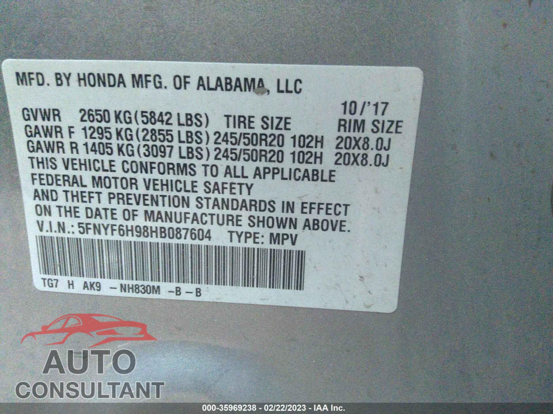 HONDA PILOT 2017 - 5FNYF6H98HB087604