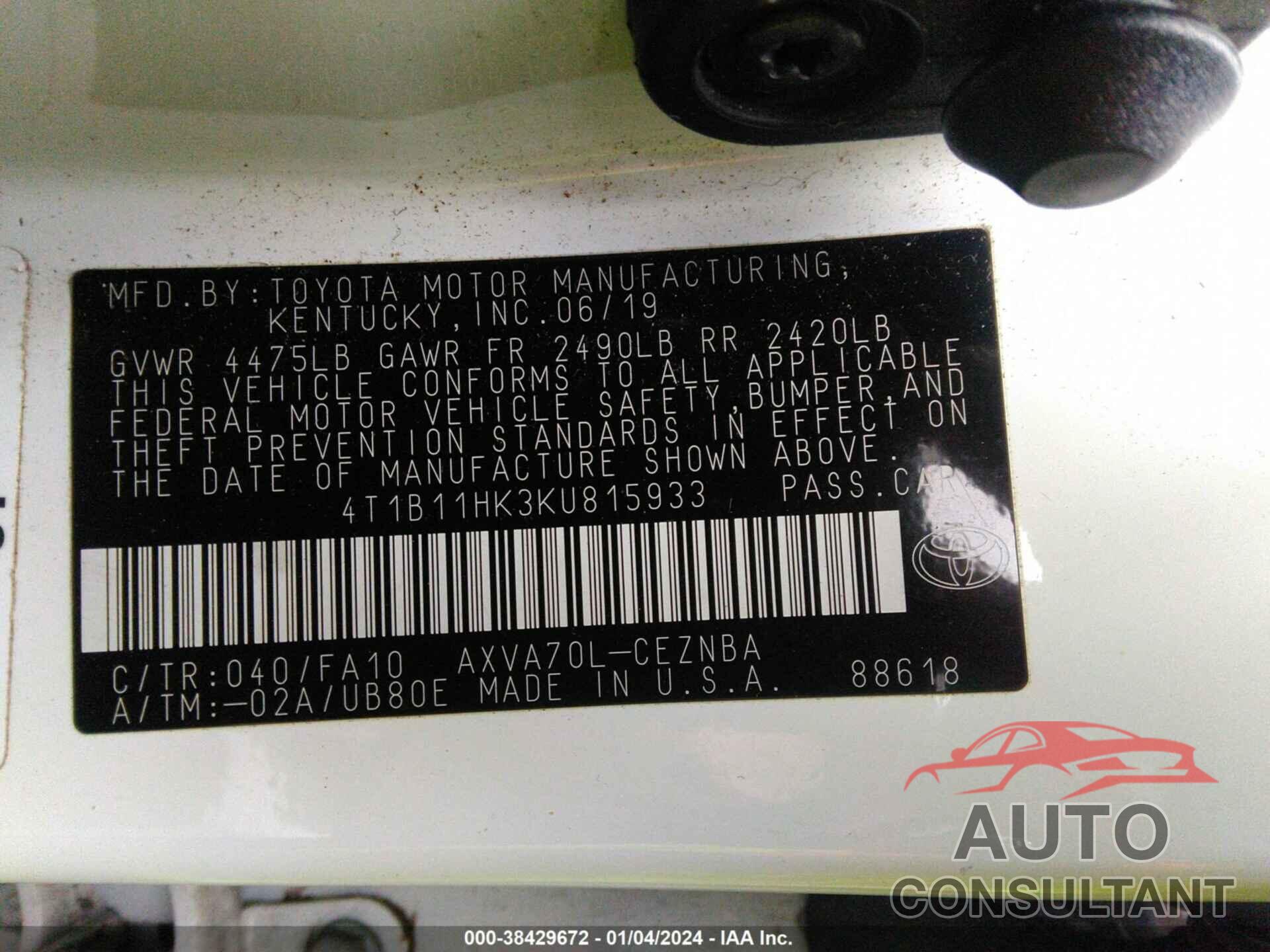 TOYOTA CAMRY 2019 - 4T1B11HK3KU815933