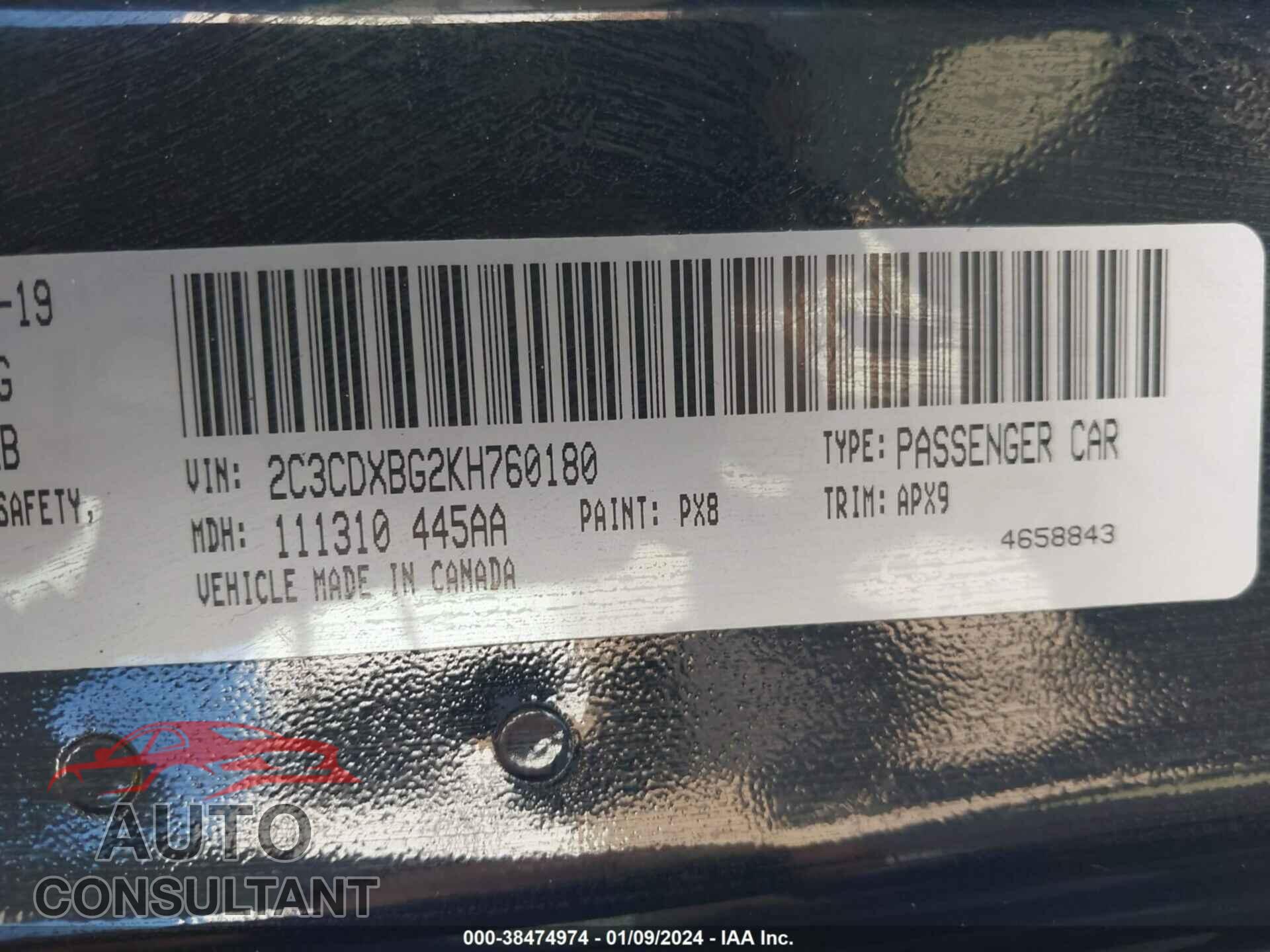 DODGE CHARGER 2019 - 2C3CDXBG2KH760180
