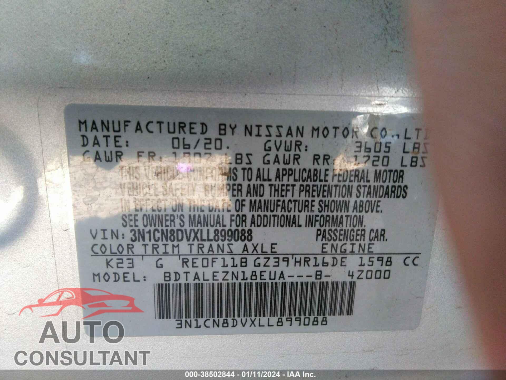 NISSAN VERSA 2020 - 3N1CN8DVXLL899088