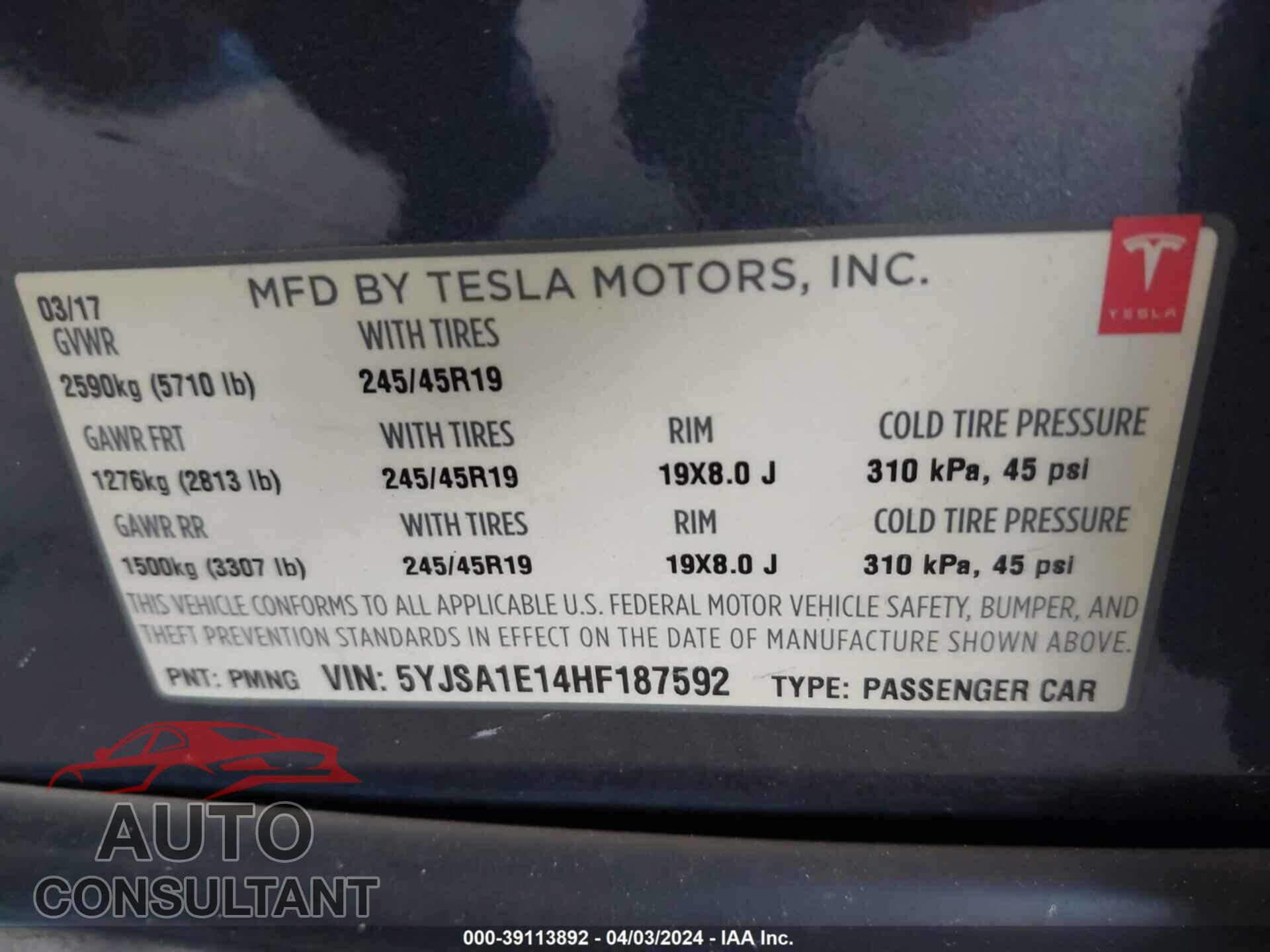TESLA MODEL S 2017 - 5YJSA1E14HF187592