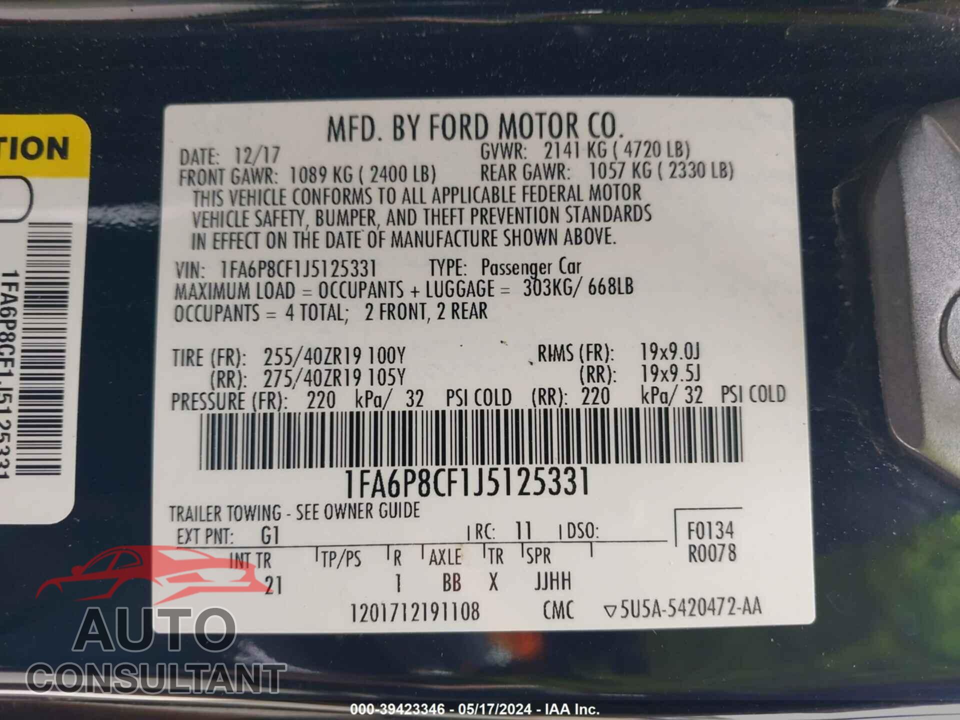 FORD MUSTANG 2018 - 1FA6P8CF1J5125331